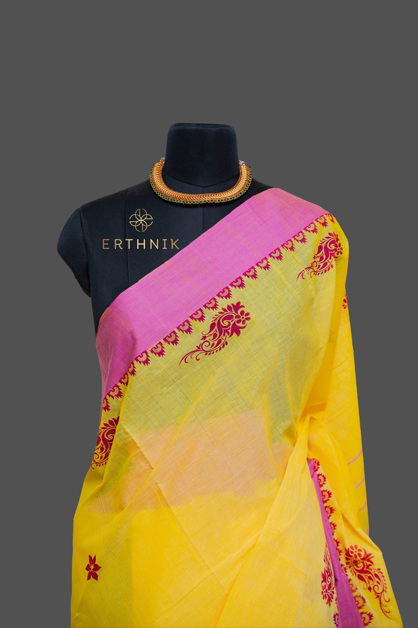 Erthnik™ Balaramapuram Yellow Handloom Saree with Pink Border & Floral Motifs
