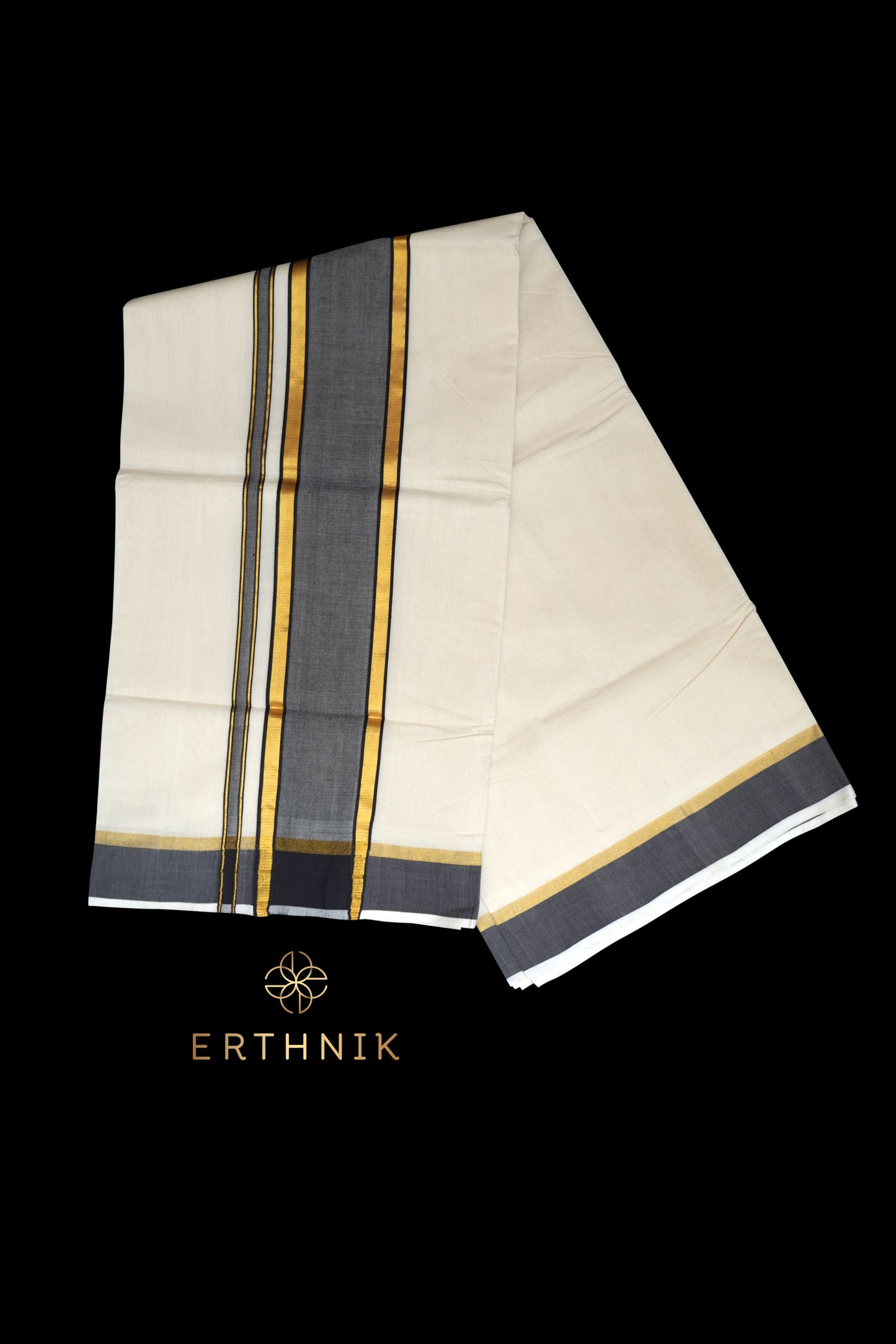 Erthnik™ Chennamangalam Pure Handloom premium Golden kasav and black border