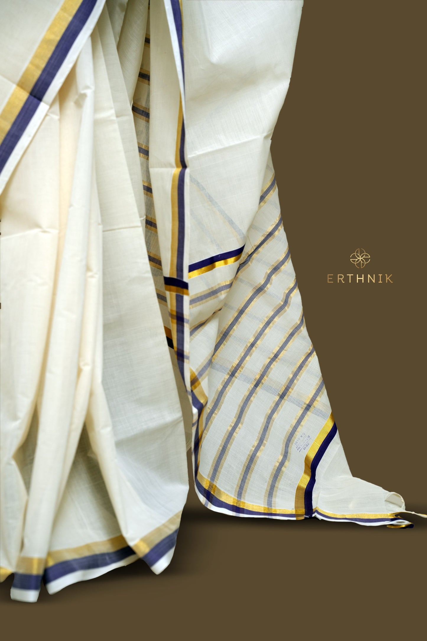 Erthnik™ Chennamangalam Handloom pure cotton Kerala saree with blue kara and golden border