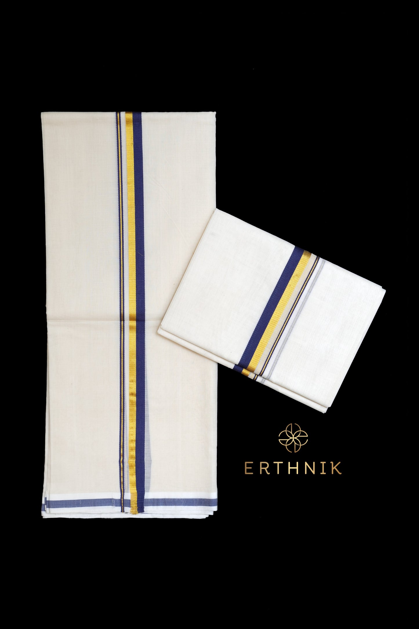 Erthnik™ Chennamangalam Pure Handloom Kasavu and kara Set Mundu – Navy blue border