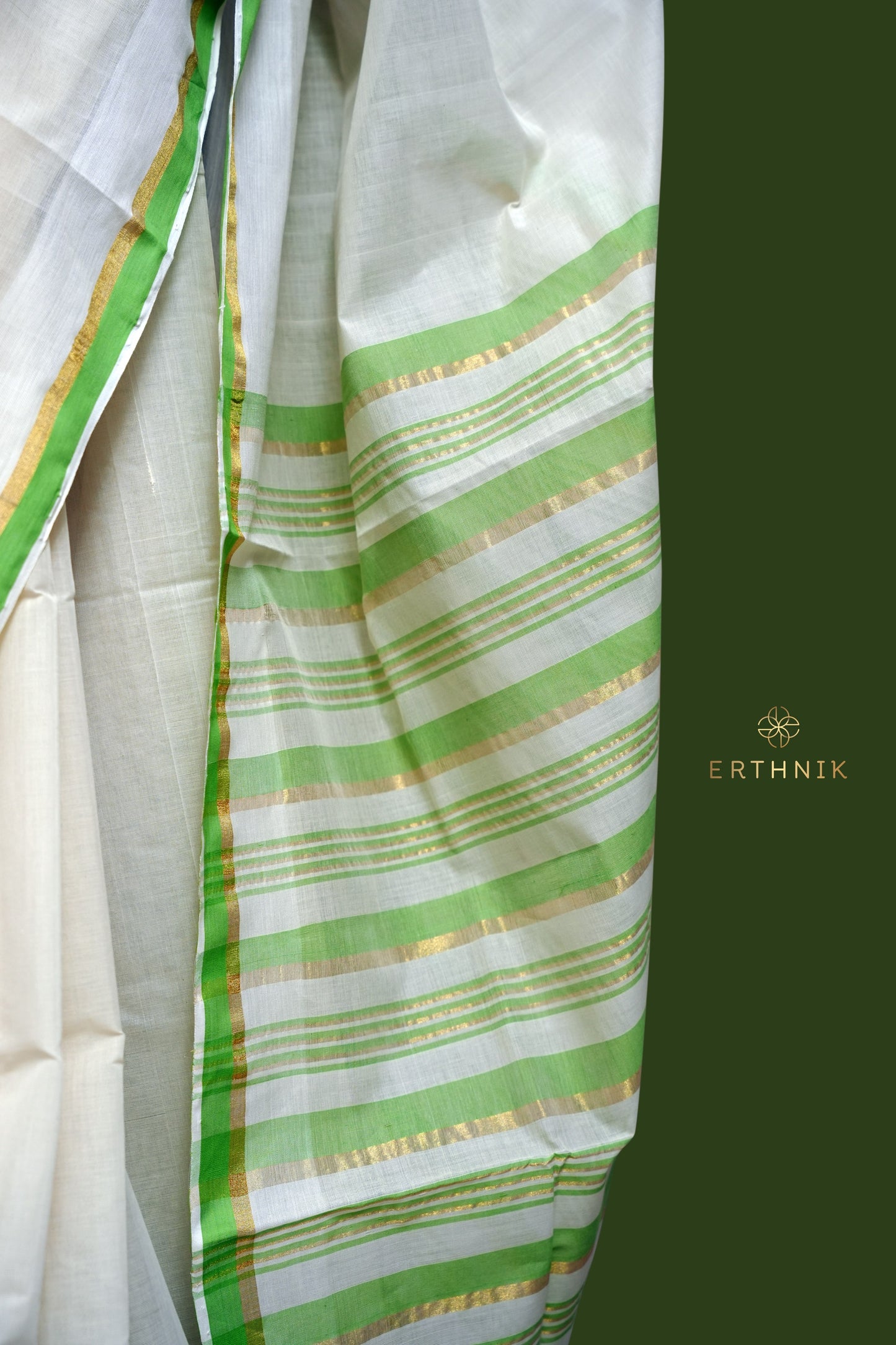 Erthnik™ Chennamangalam Handloom pure cotton Kerala saree with Green kara and golden border