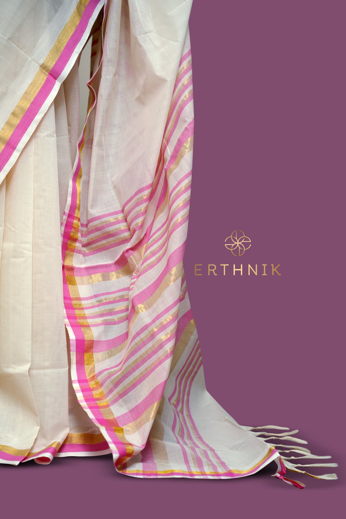 Erthnik™ Premium Chennamangalam Handloom pastel pink border pure cotton kerala saree