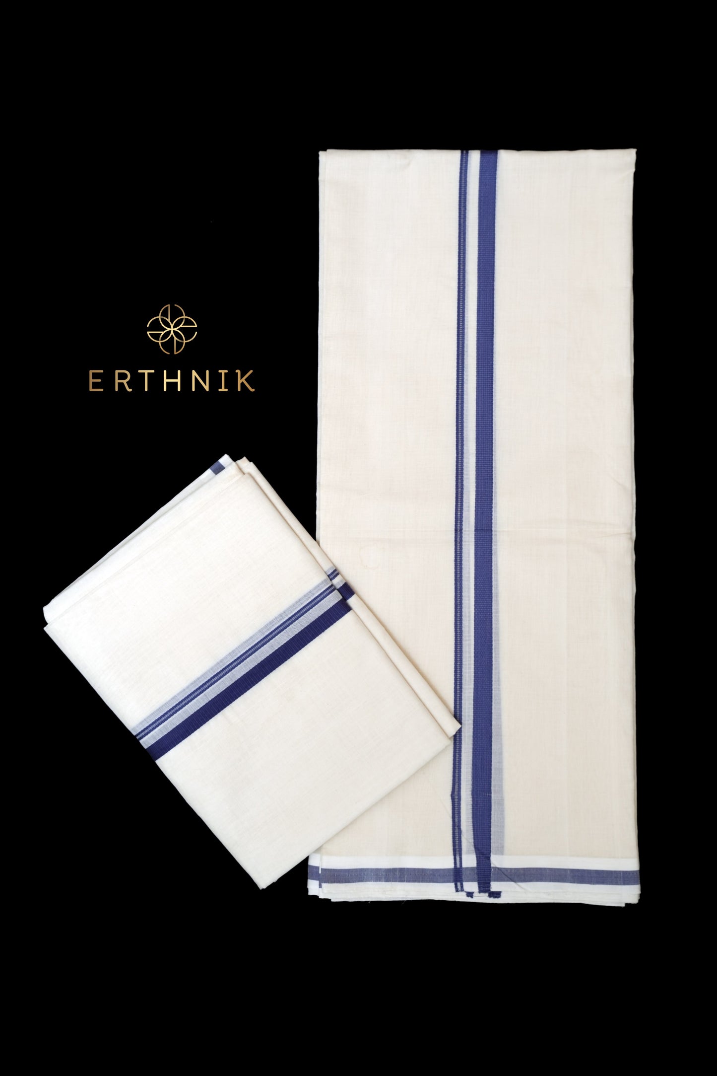 Erthnik™ Chennamangalam Pure Handloom navy blue kara Set Mundu