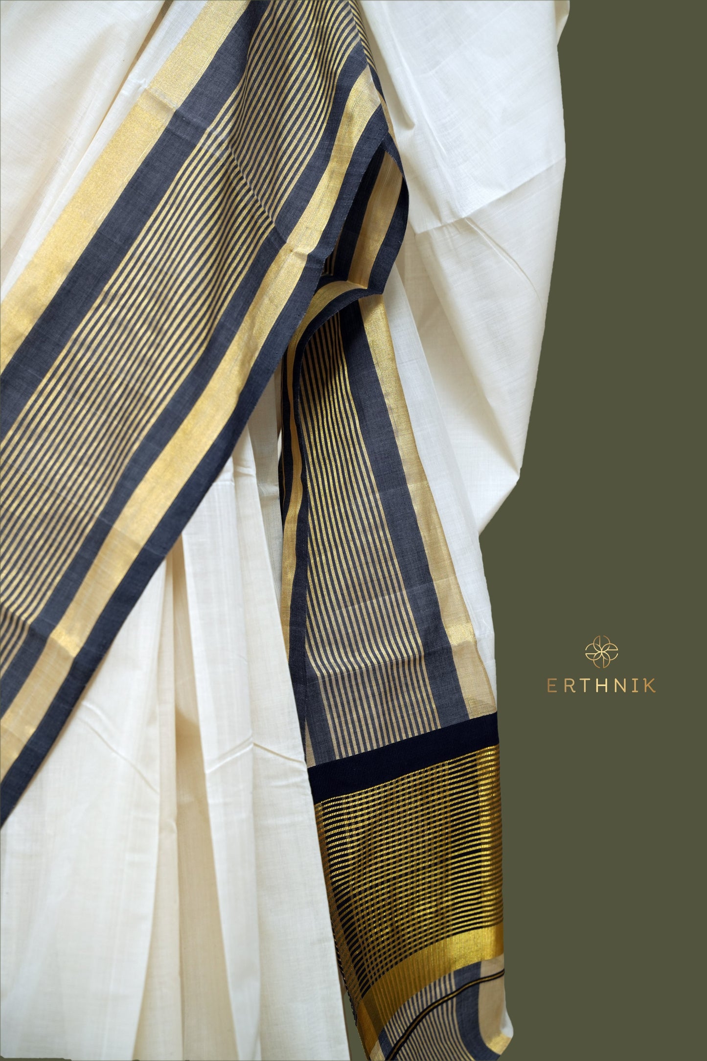 Erthnik™ Premium Chennamangalam Handloom pure cotton Kerala saree with Black and golden stripe border