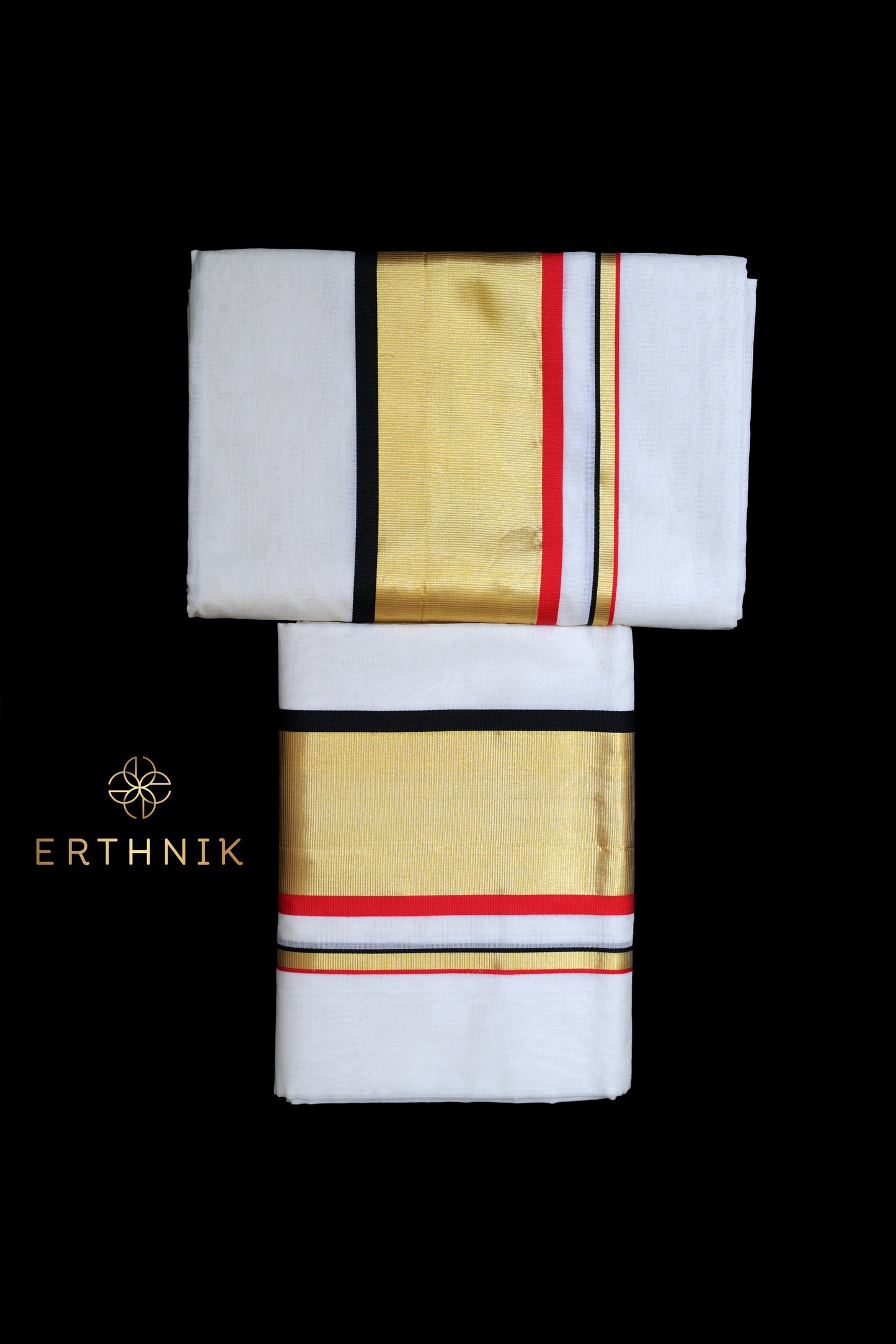 Erthnik™ Balaramapuram Pure Handloom premium Golden kasav with black and red kara borders