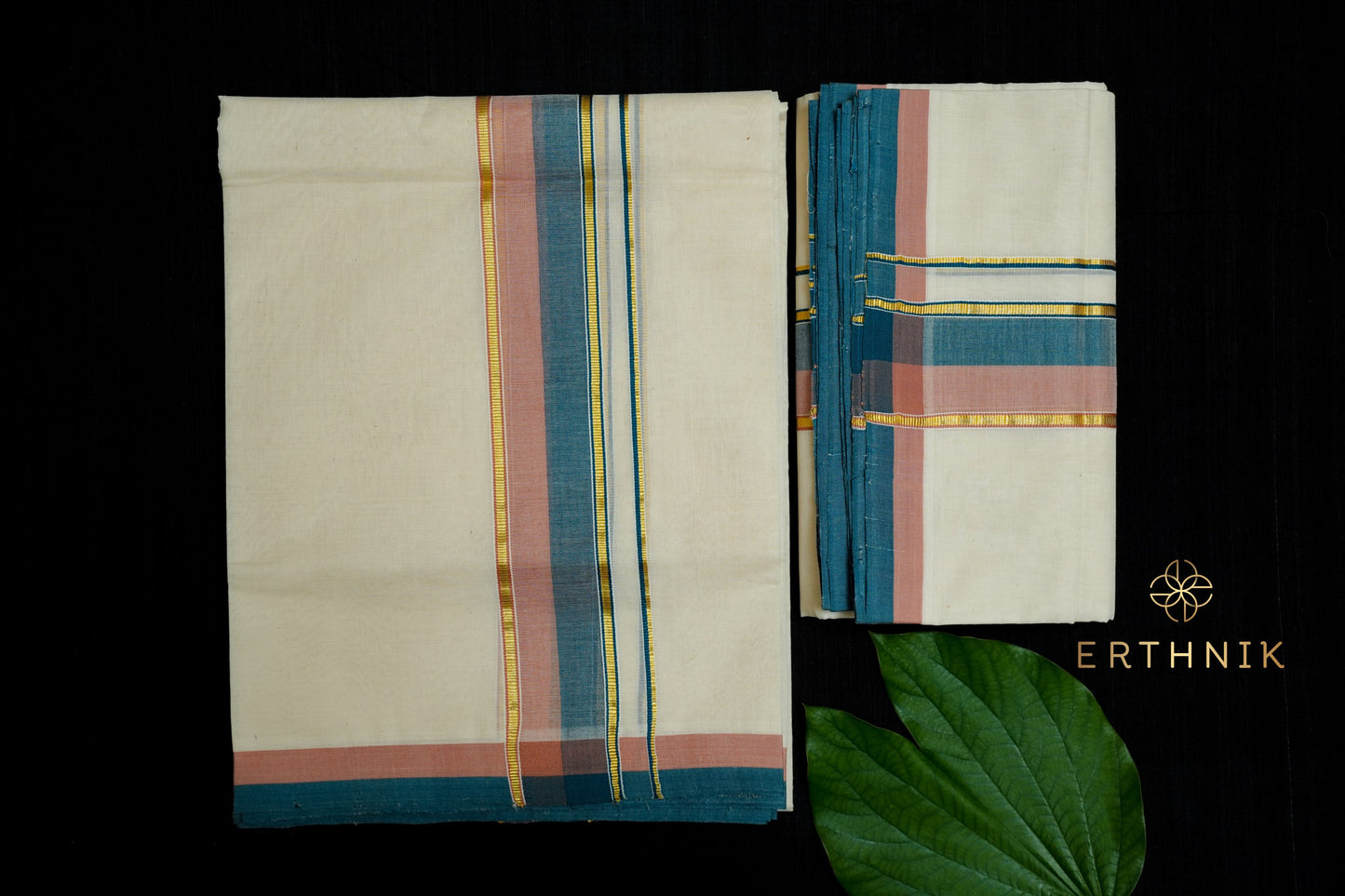 Erthnik™ Onion pink and teal dual border pure handloom set mundu with thin gold Zari line
