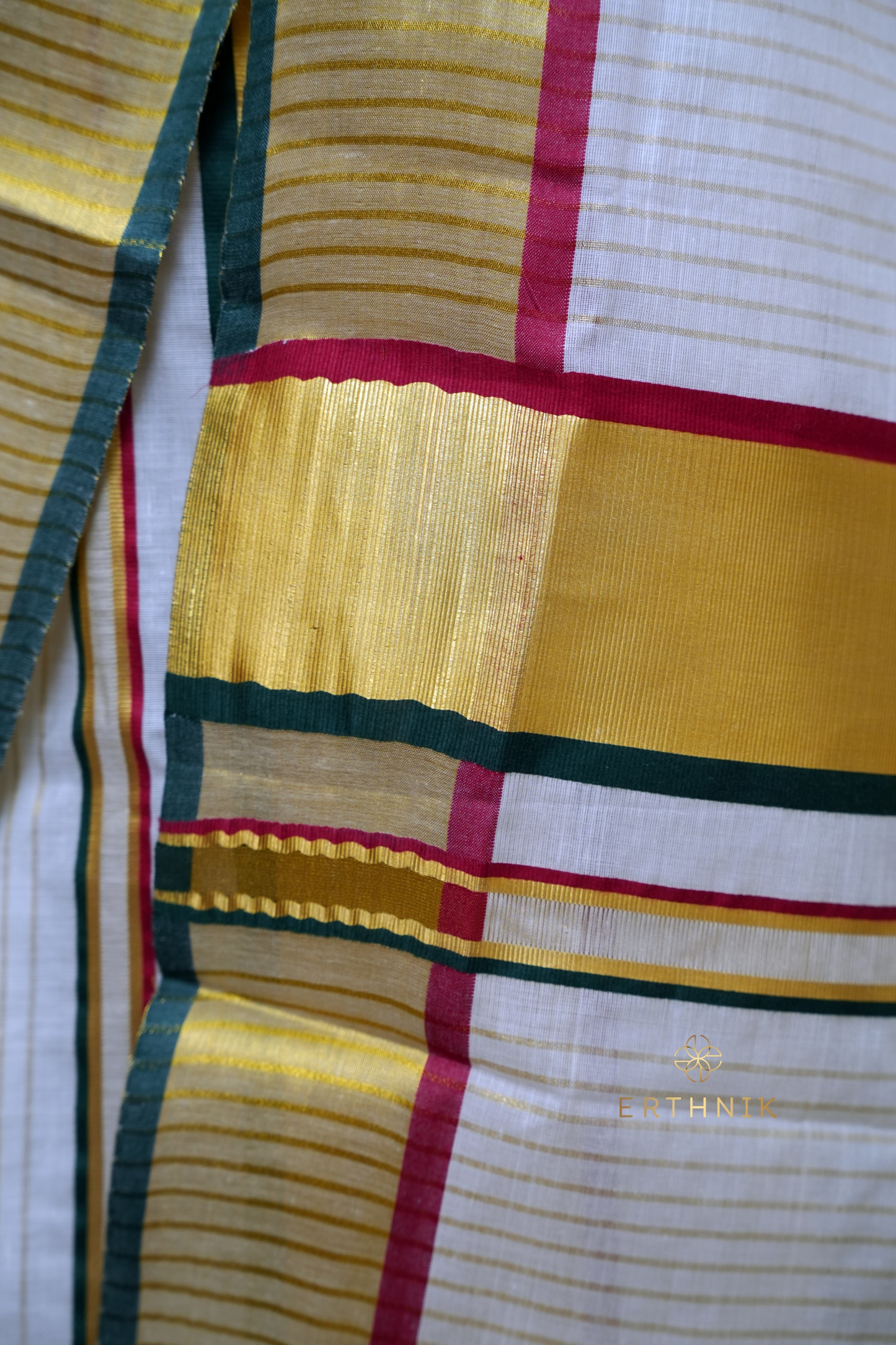 Erthnik™ Kerala Cotton Powerloom Saree – Multicolour Stripe with Golden Kasavu Border