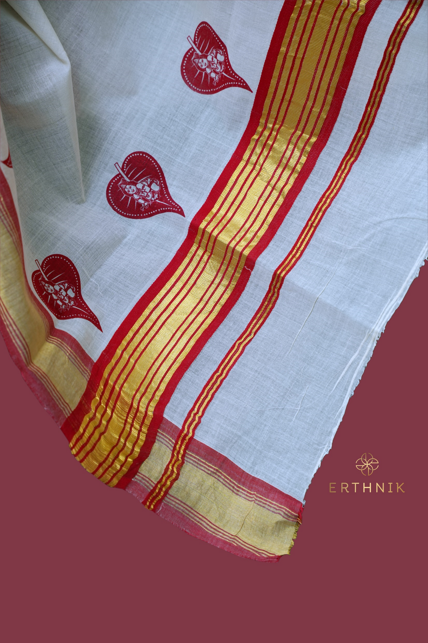 Erthnik™ Handloom Kerala Set mundu – Peepal Leaf Motif with Golden Kasavu and Maroon Kara Border (Copy)
