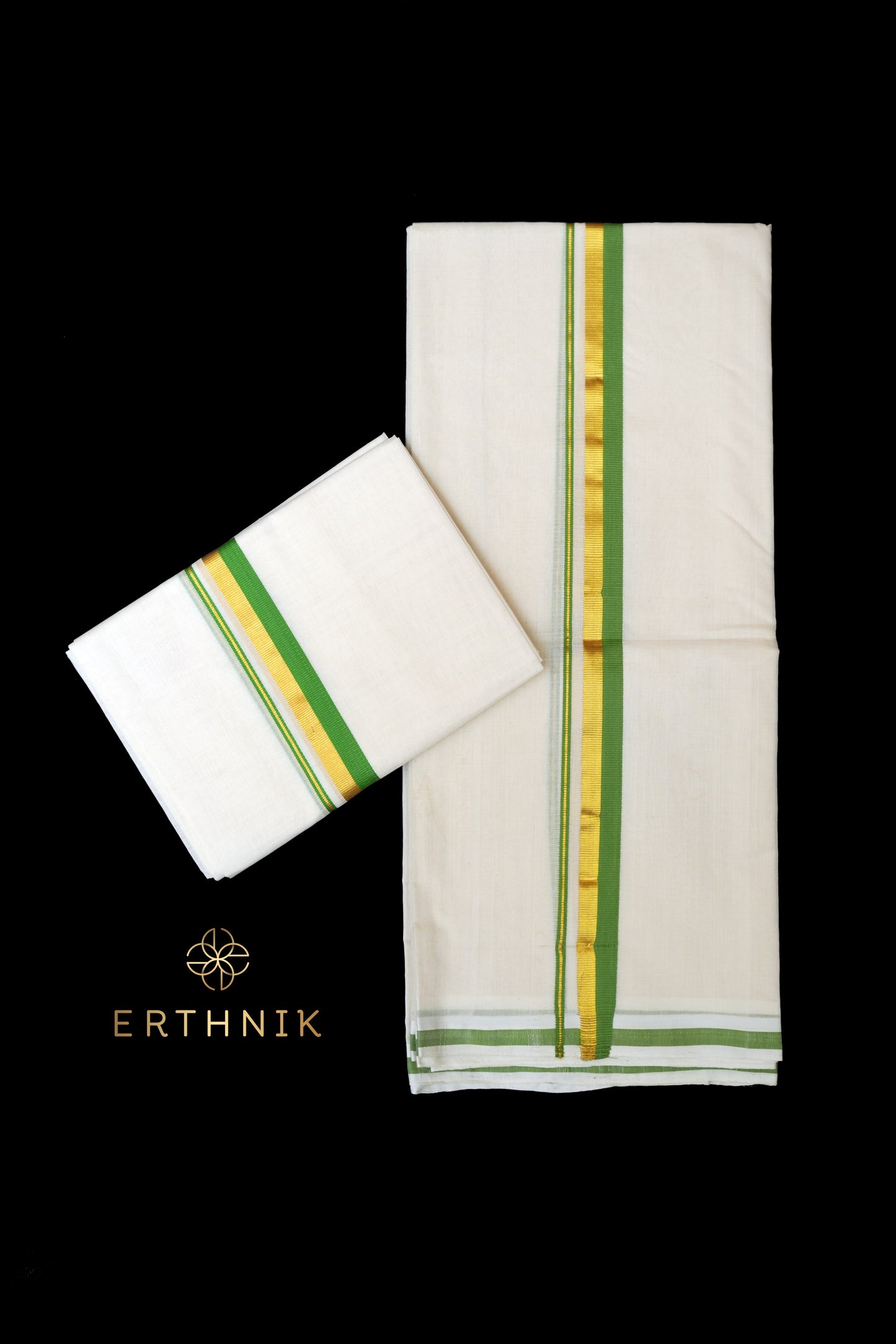 Erthnik™ Chennamangalam Pure Handloom Kasavu and kara Set Mundu – Green border