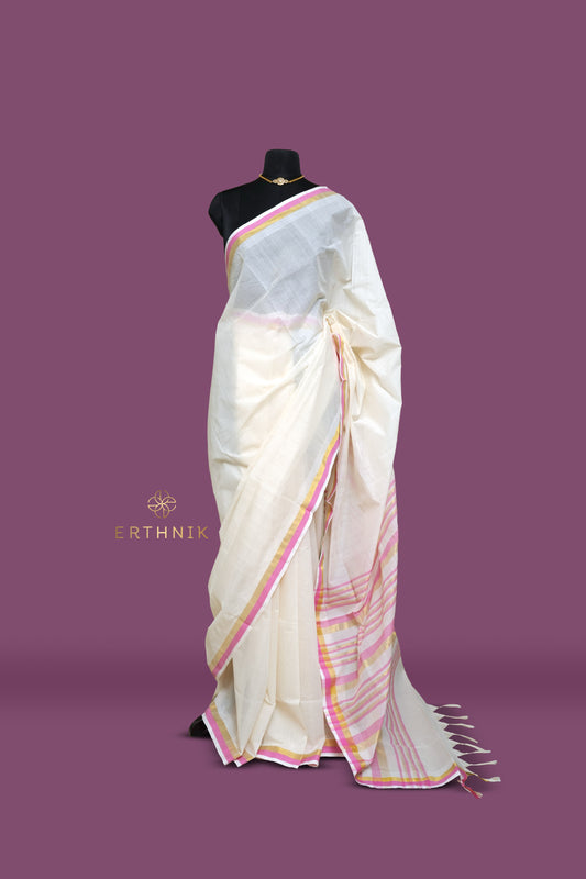 Erthnik™ Premium Chennamangalam Handloom pastel pink border  pure cotton kerala saree