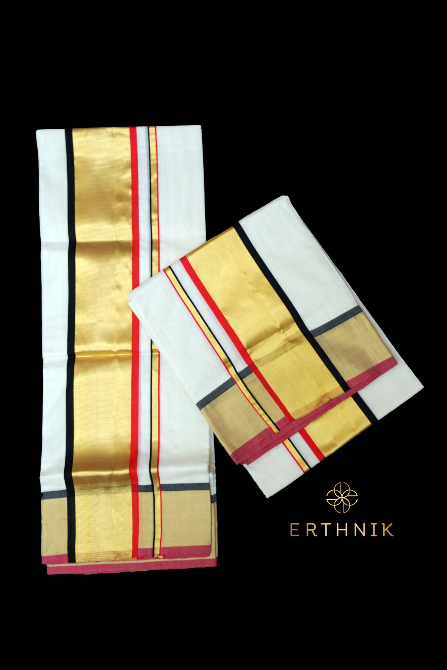 Erthnik™ Balaramapuram Pure Handloom premium Golden kasav with black and red kara borders