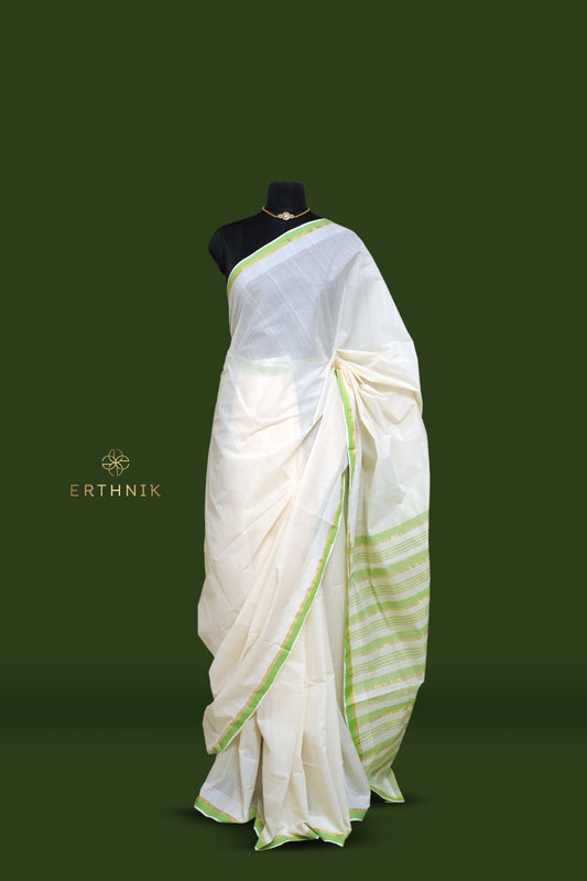 Erthnik™ Chennamangalam Handloom pure cotton Kerala saree with Green kara and golden border