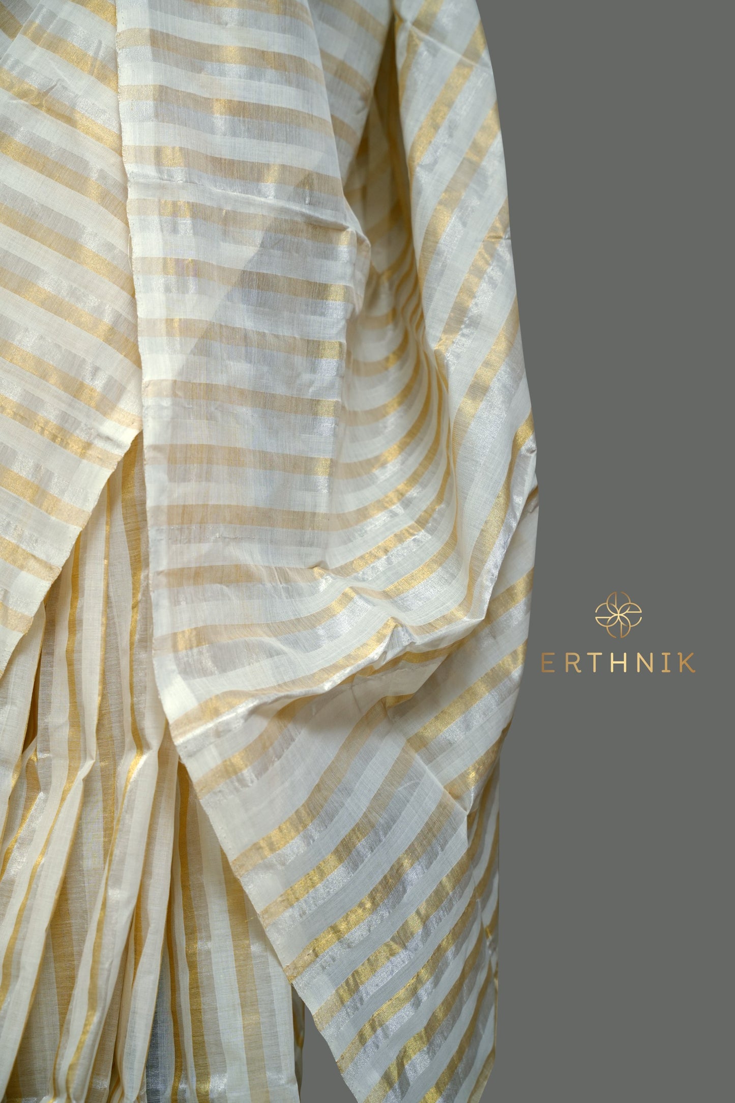 Erthnik™ Premium Chennamangalam Handloom Gold and Silver striped pure cotton kerala saree