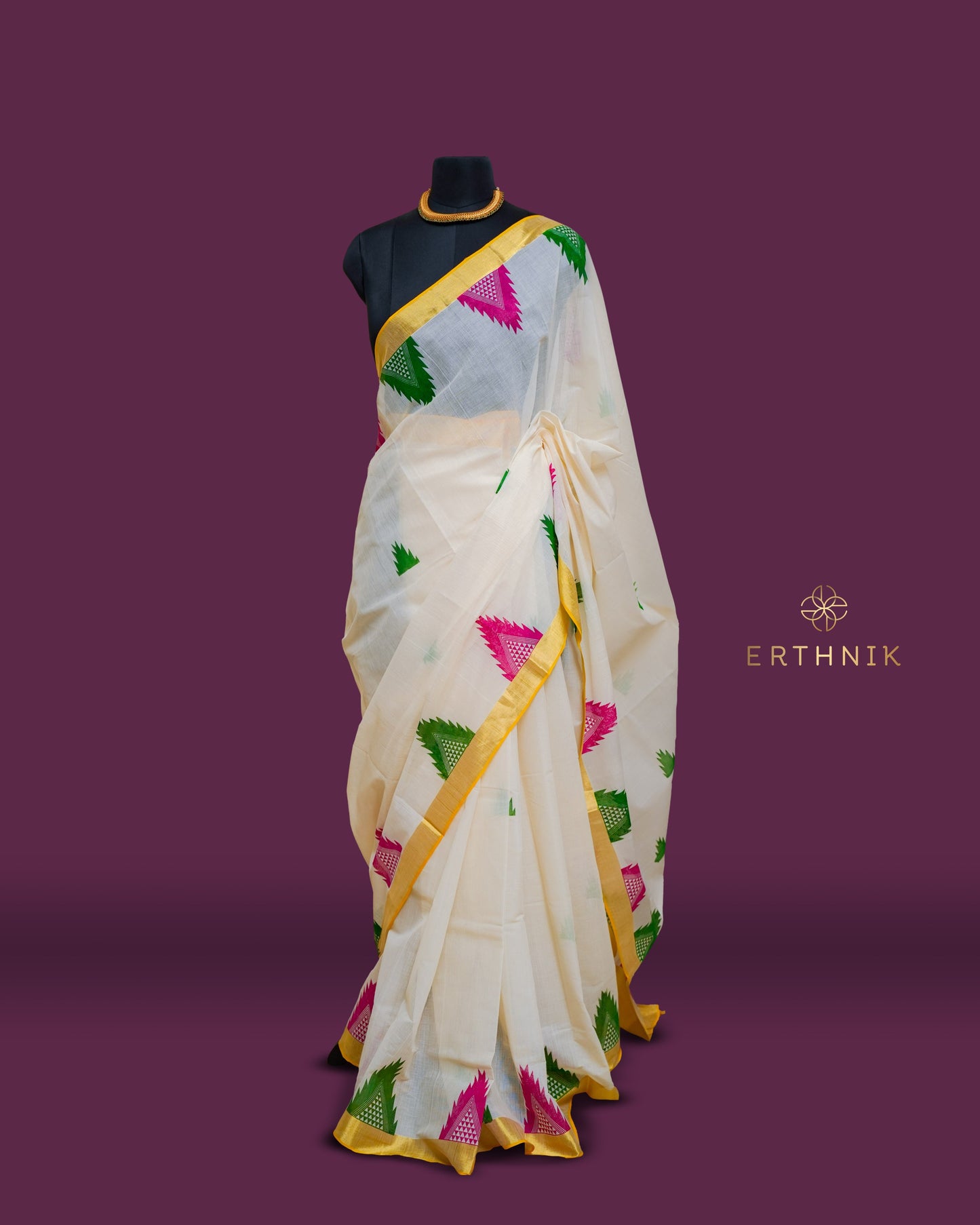 Erthnik™ Premium Balaramapuram Set saree Pink and Green temple motifs