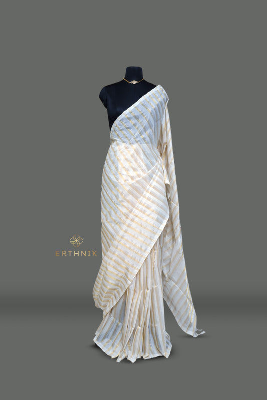 Erthnik™ Premium Chennamangalam Handloom Gold and Silver striped pure cotton kerala saree