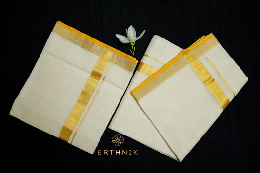Erthnik™ Pure Handloom Kasavu Set Mundu – Classic Gold Border