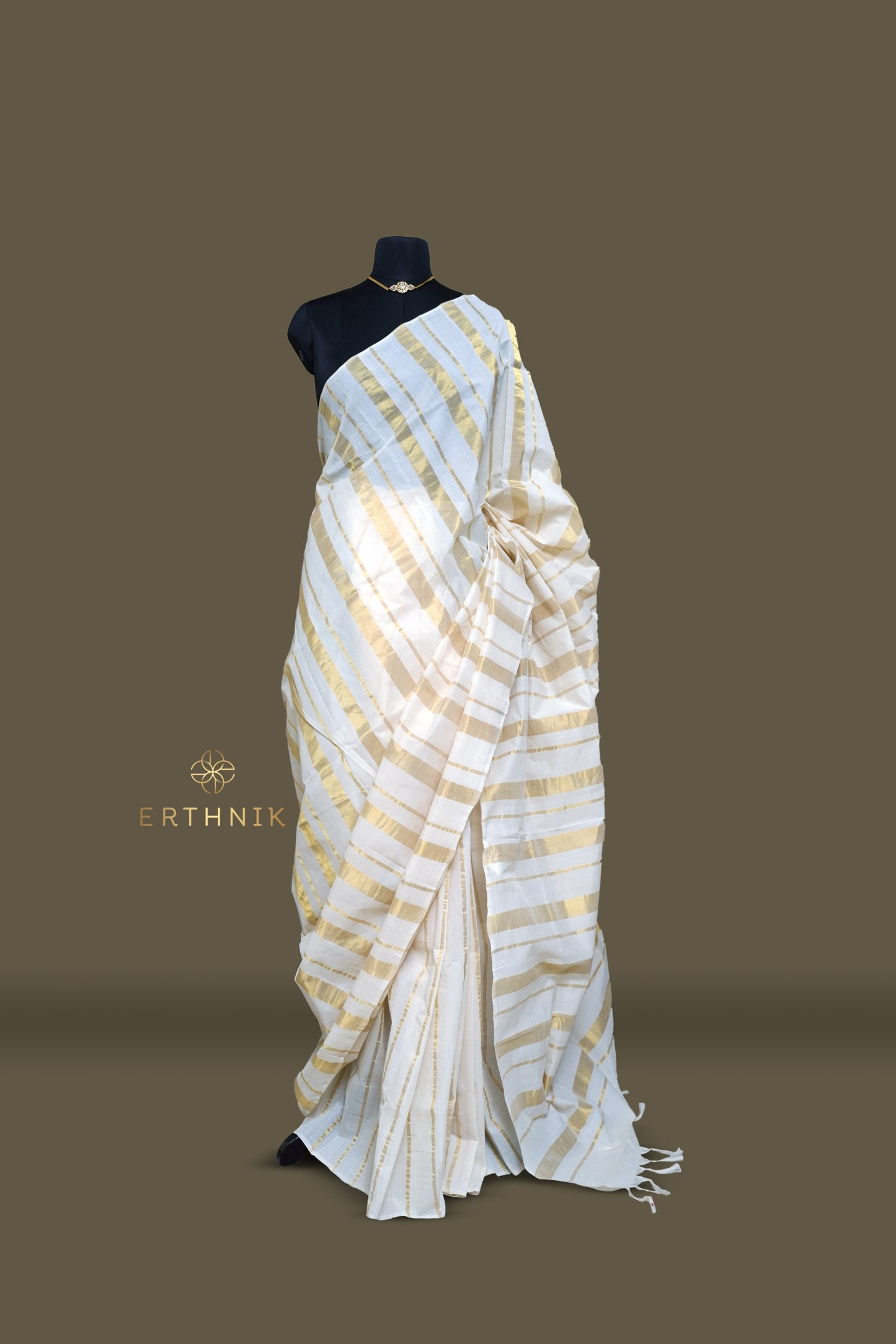Erthnik™ Premium Chennamangalam Handloom Gold striped pure cotton kerala saree