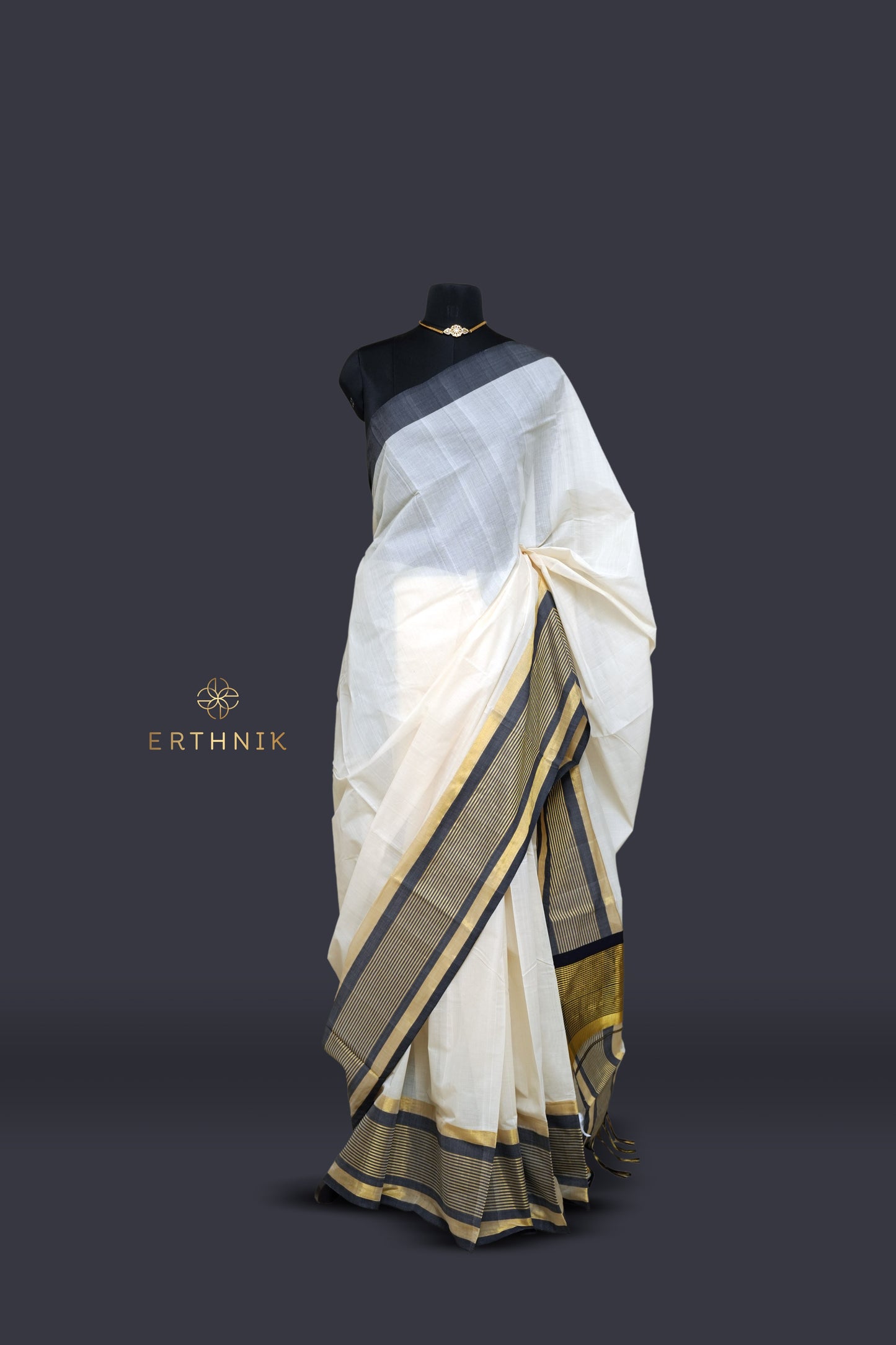 Erthnik™ Premium Chennamangalam Handloom pure cotton Kerala saree with Black and golden stripe border