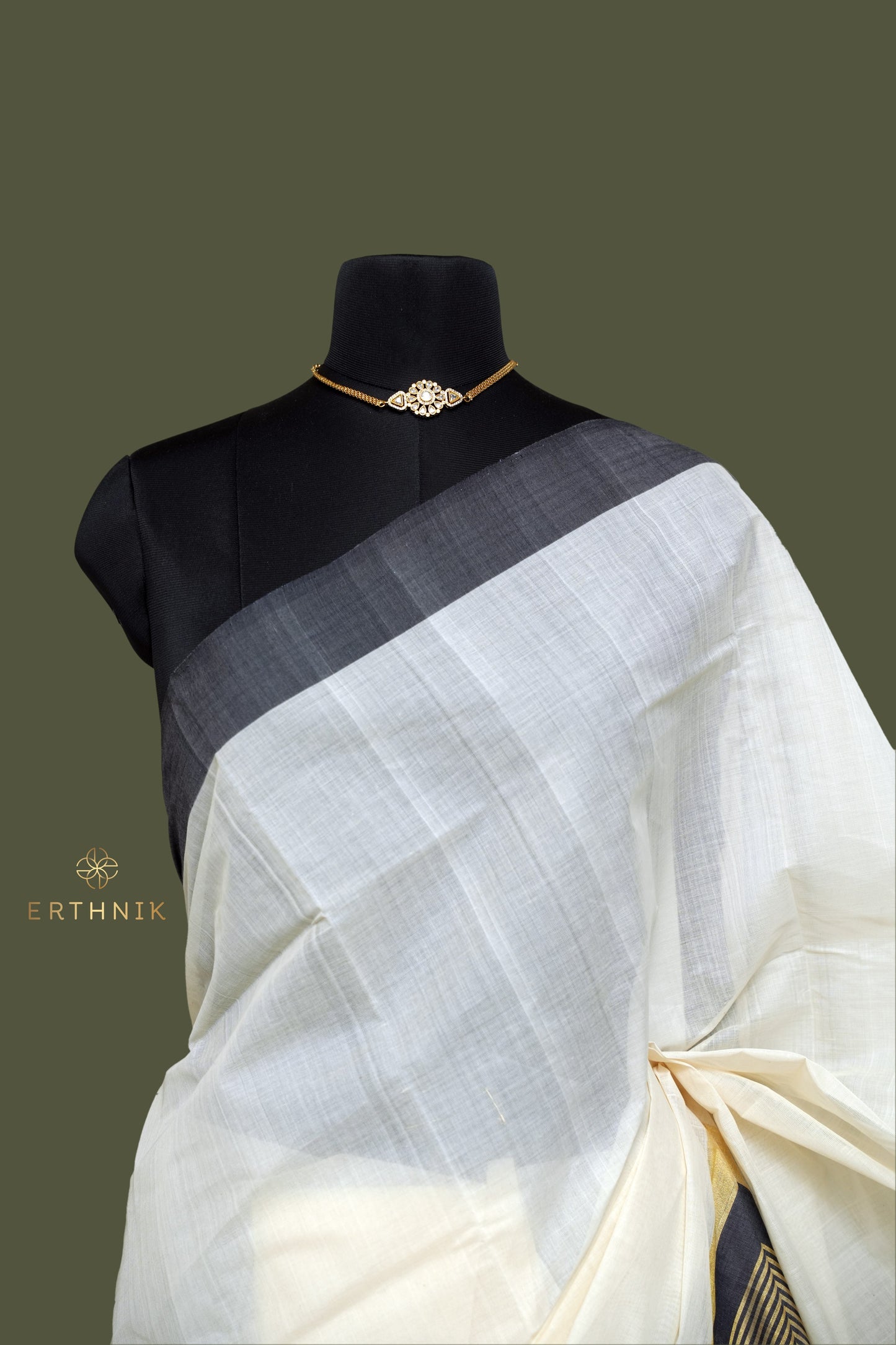 Erthnik™ Premium Chennamangalam Handloom pure cotton Kerala saree with Black and golden stripe border