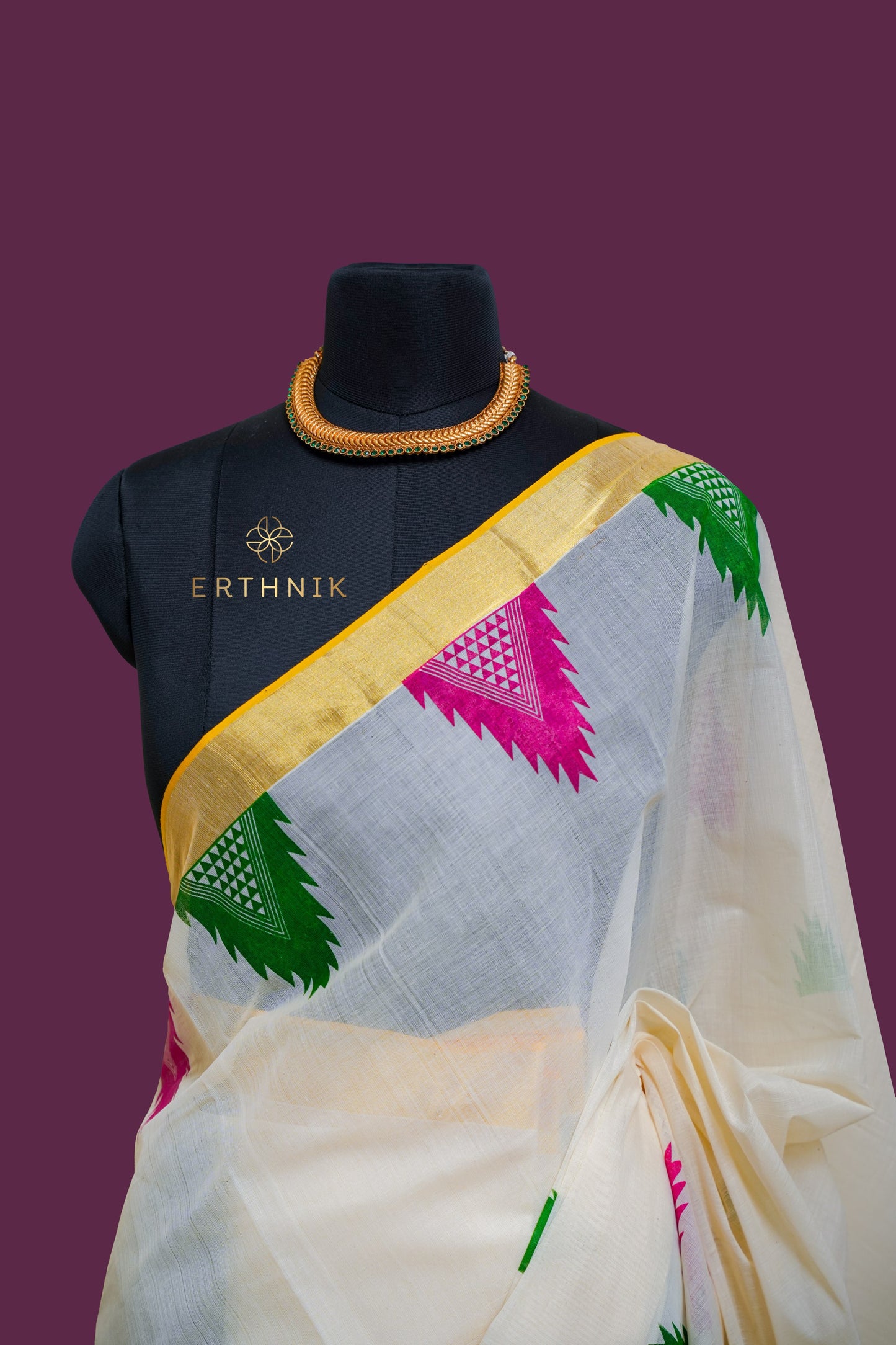Erthnik™ Premium Balaramapuram Set saree Pink and Green temple motifs