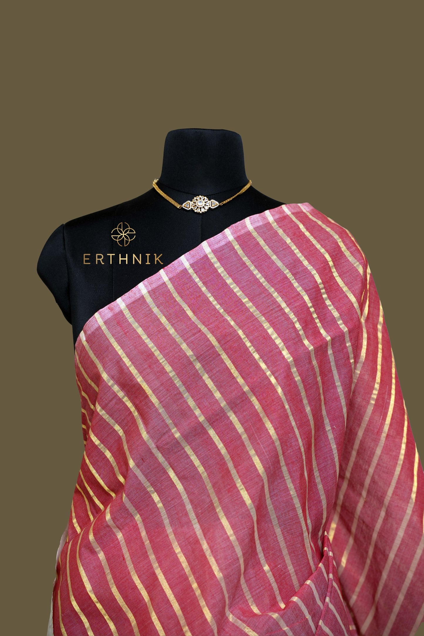 Erthnik™ Premium Chennamangalam Handloom maroon and gold stripe pure cotton kerala saree with tissue pallu