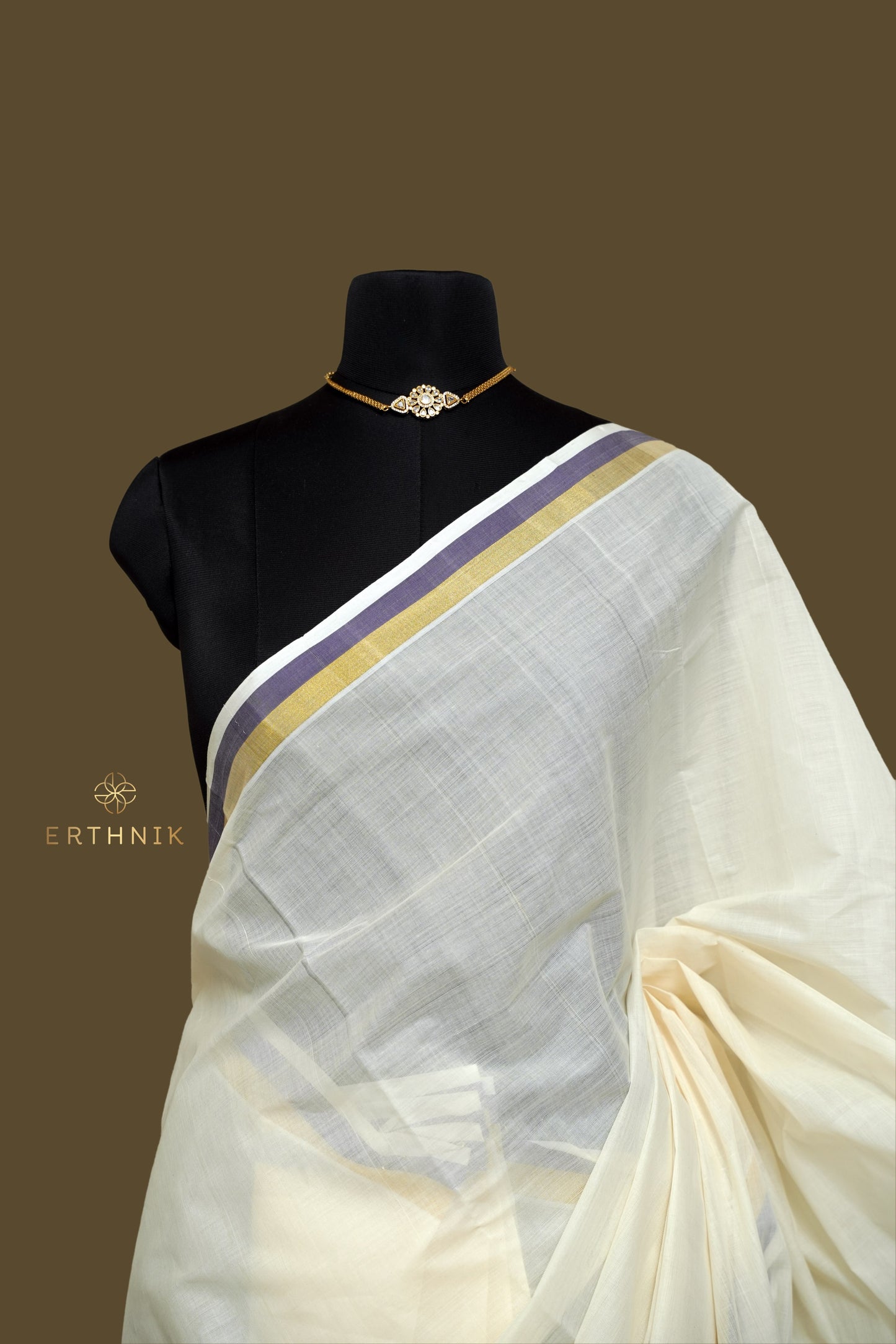 Erthnik™ Chennamangalam Handloom pure cotton Kerala saree with blue kara and golden border