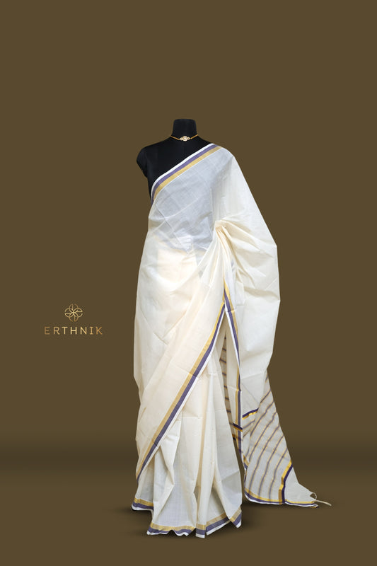 Erthnik™ Chennamangalam Handloom pure cotton Kerala saree with blue kara and golden border