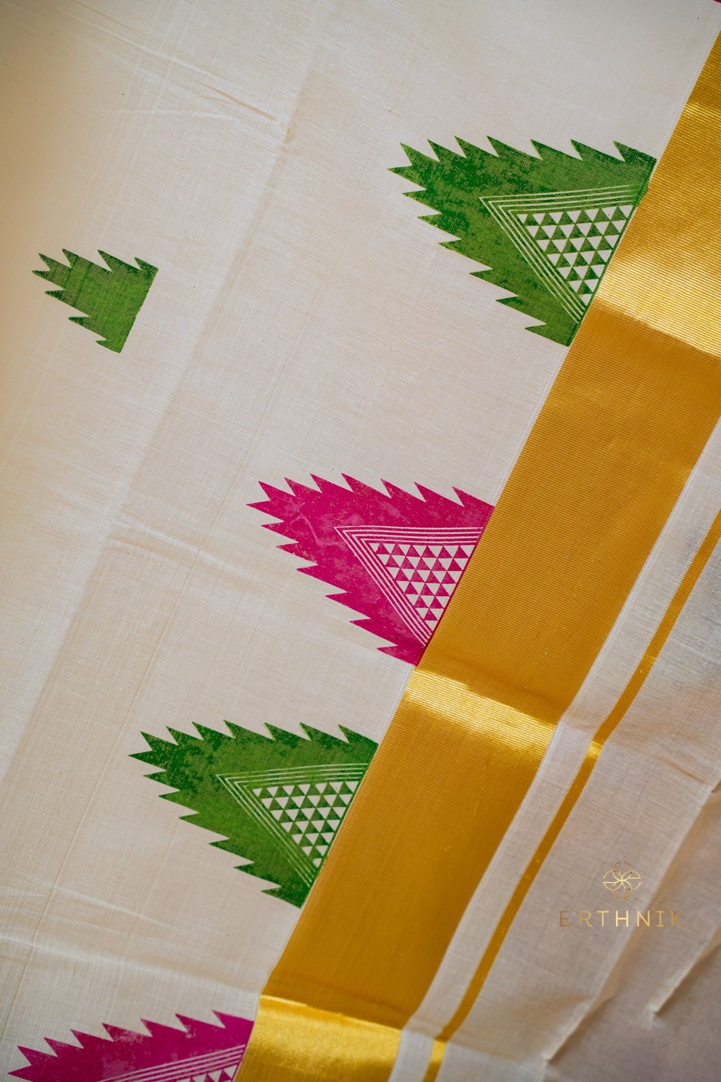 Erthnik™ Premium Balaramapuram Set saree Pink and Green temple motifs