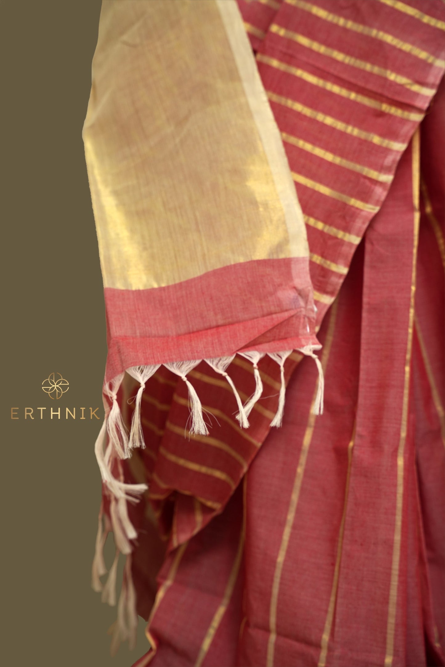 Erthnik™ Premium Chennamangalam Handloom maroon and gold stripe pure cotton kerala saree with tissue pallu