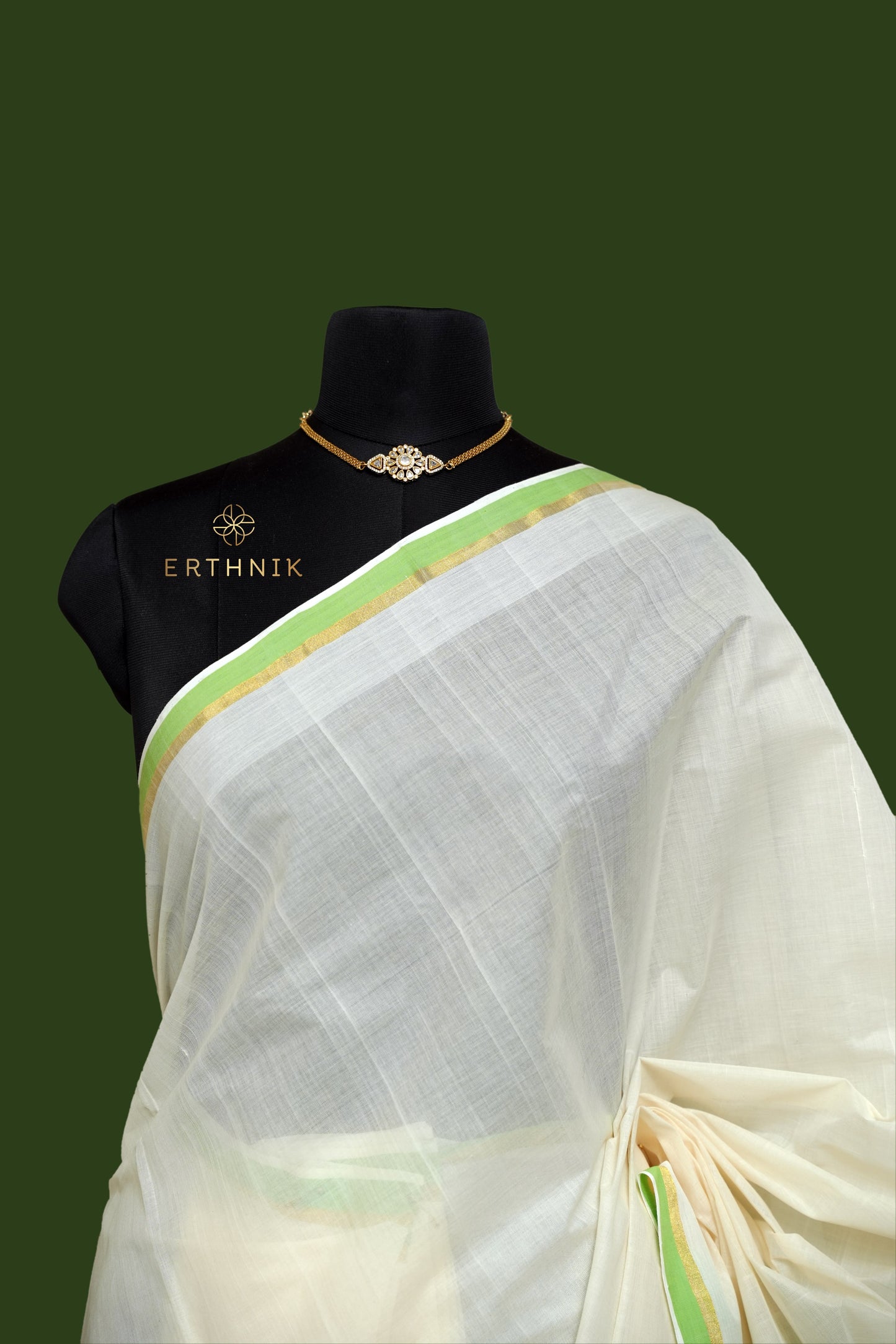 Erthnik™ Chennamangalam Handloom pure cotton Kerala saree with Green kara and golden border
