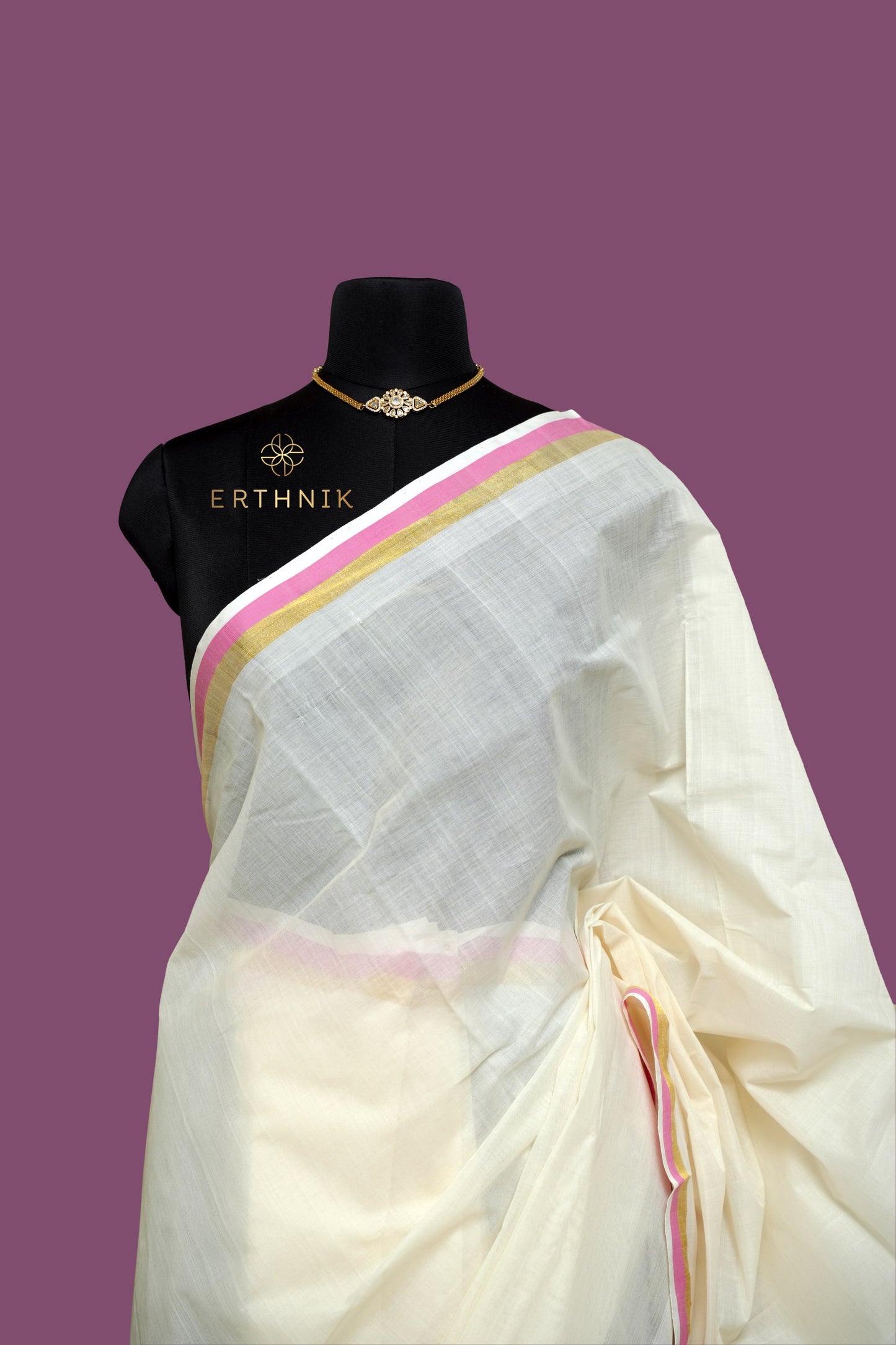 Erthnik™ Premium Chennamangalam Handloom pastel pink border  pure cotton kerala saree