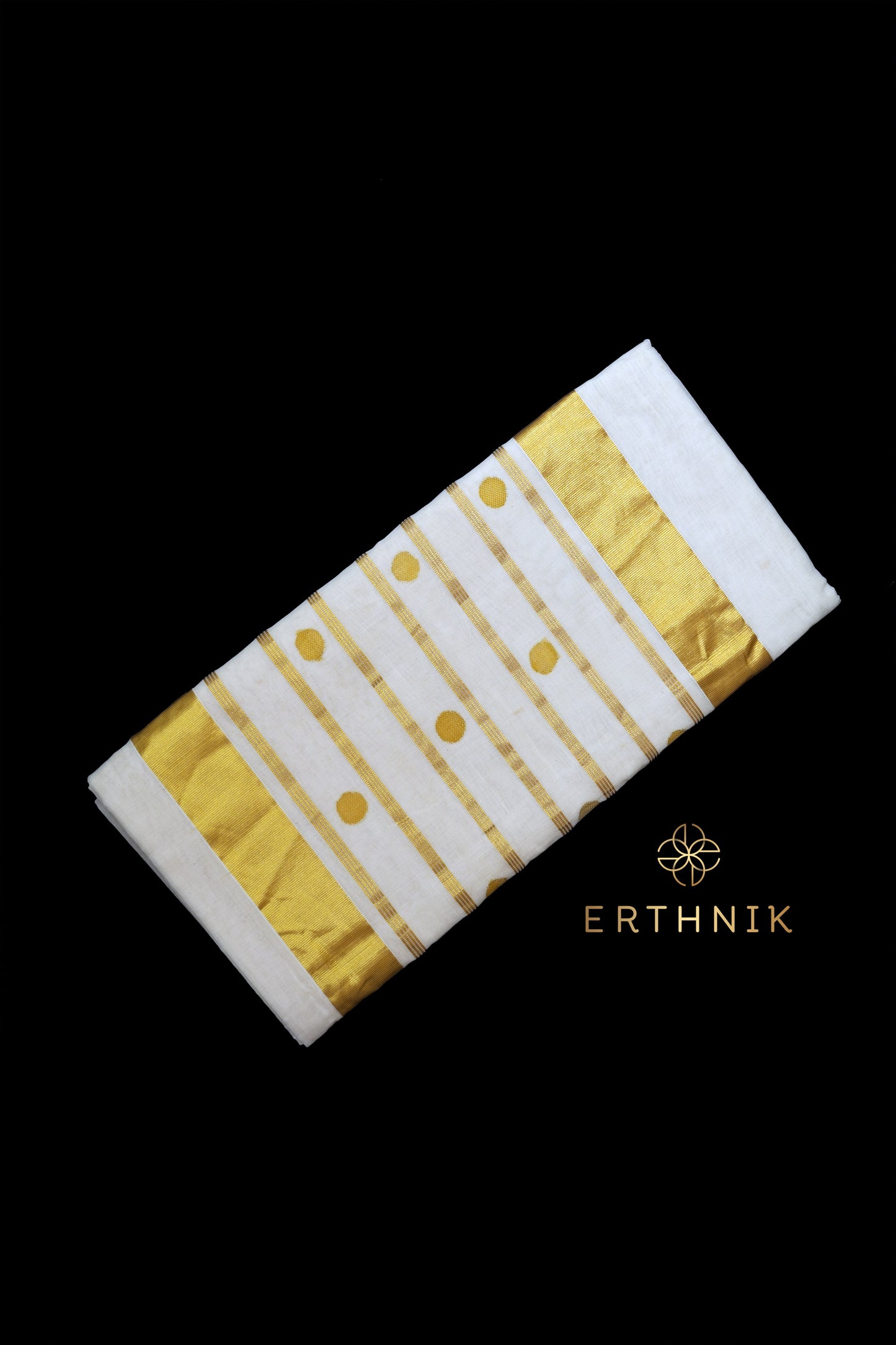 Erthnik™ Balaramapuram Pure Handloom Golden kasav with polka dot Bridal set Saree