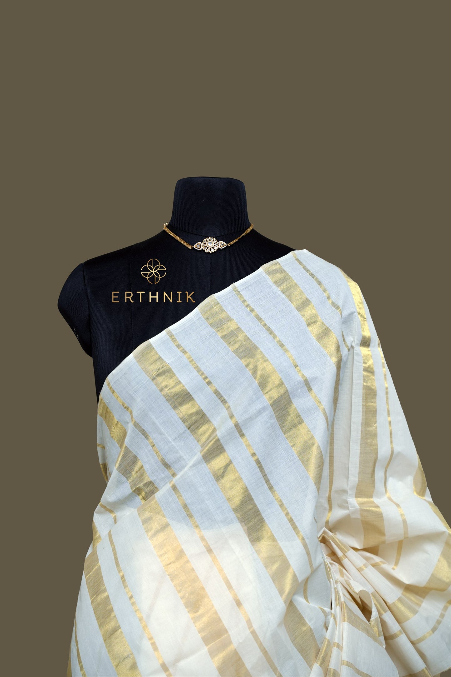 Erthnik™ Premium Chennamangalam Handloom Gold striped pure cotton kerala saree