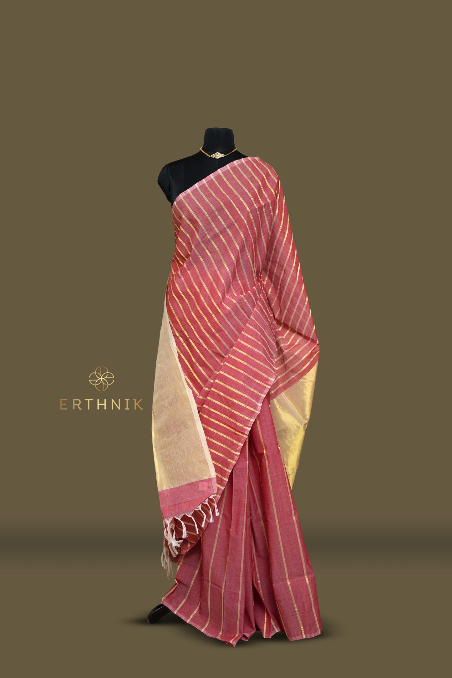 Erthnik™ Premium Chennamangalam Handloom maroon and gold stripe pure cotton kerala saree with tissue pallu