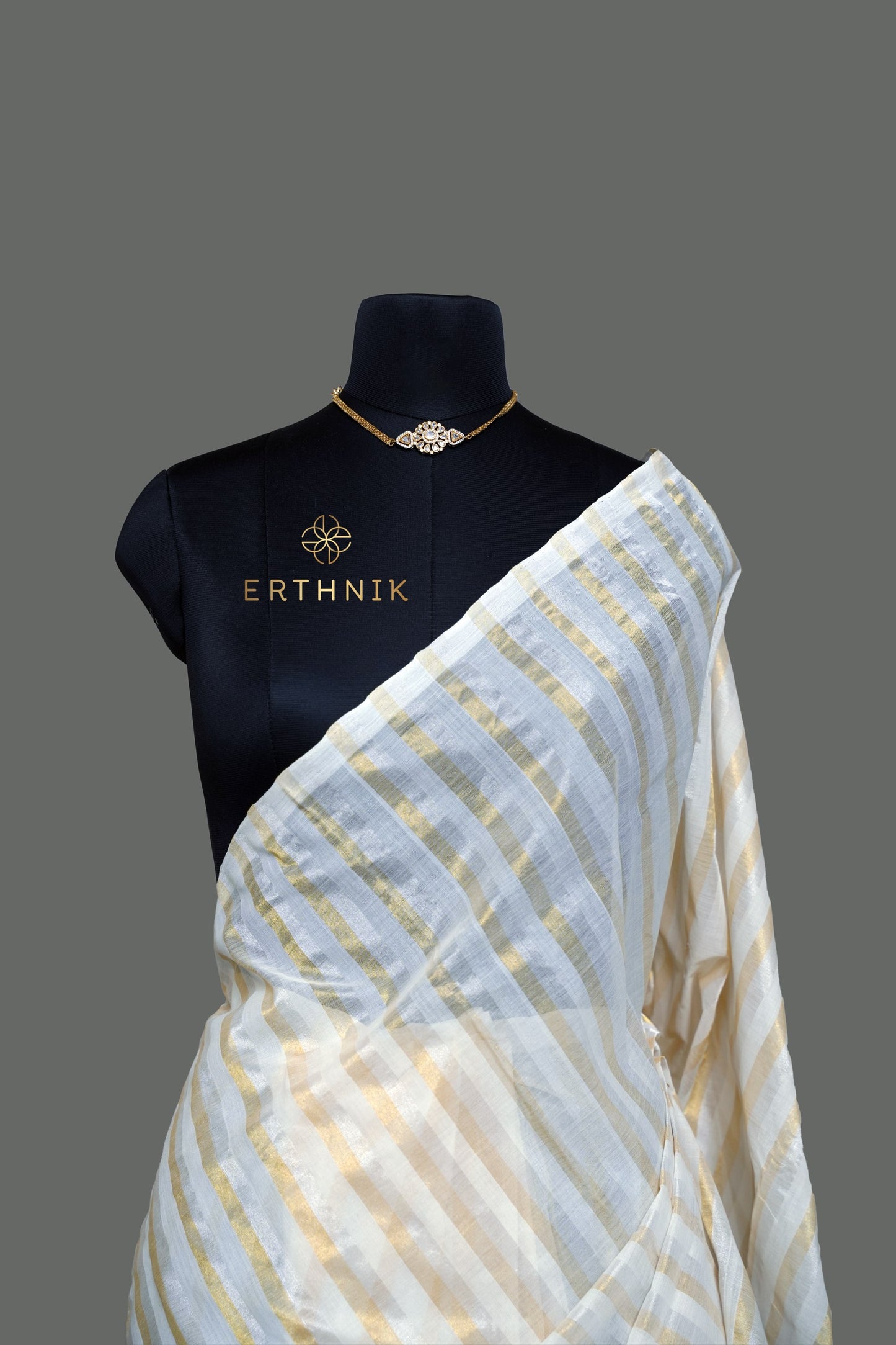 Erthnik™ Premium Chennamangalam Handloom Gold and Silver striped pure cotton kerala saree