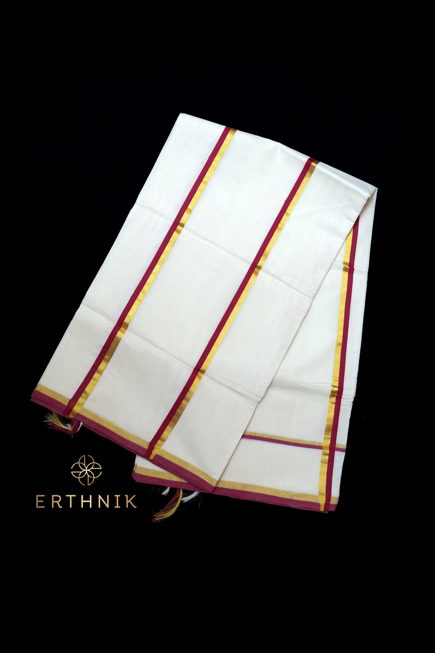 Erthnik™ Chennamangalam Pure Handloom premium Golden kasav and maroon
