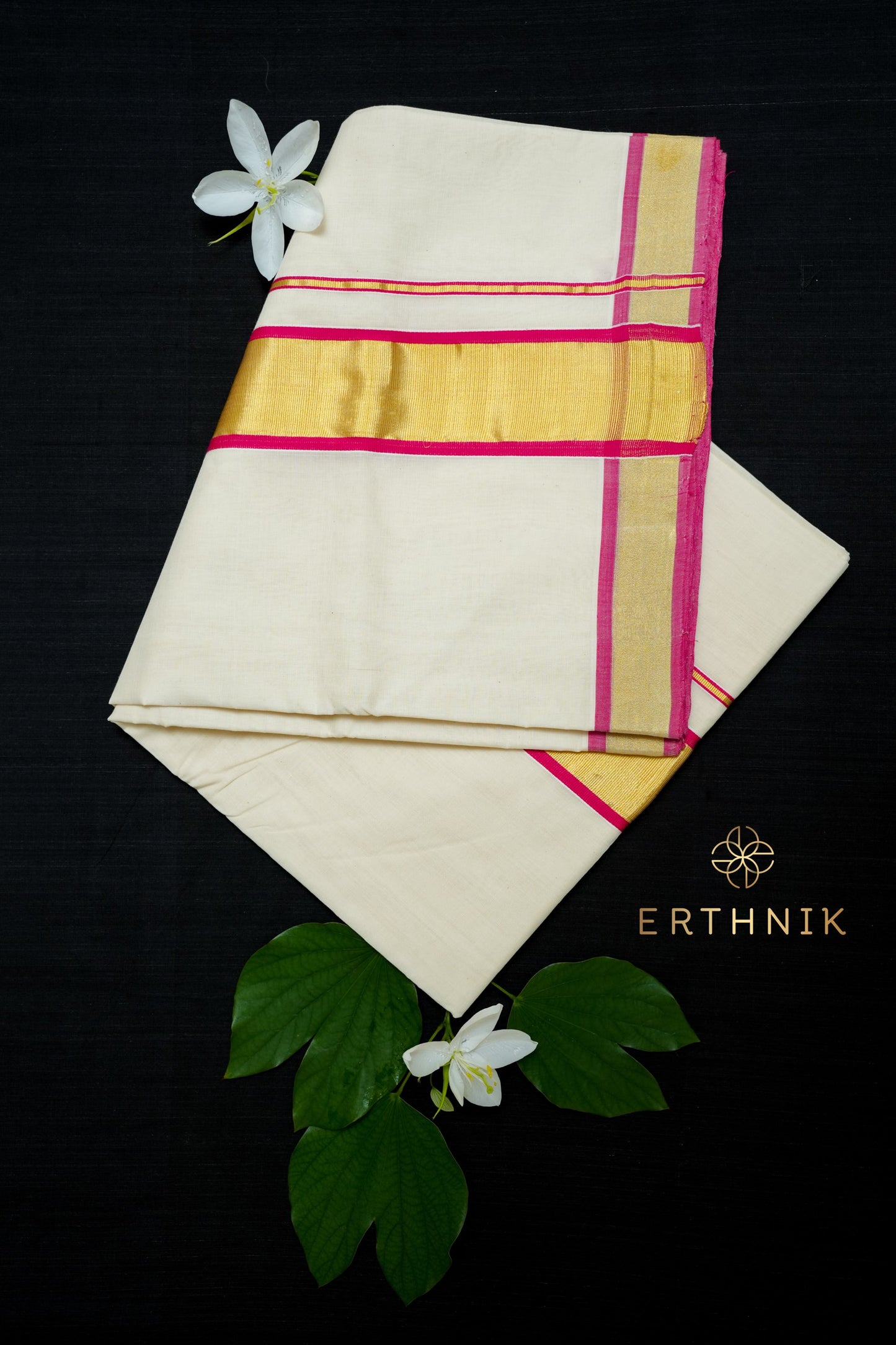 Erthnik™ Premium Balaramapuram Kasavu Set saree with gold and rani pink kasav border