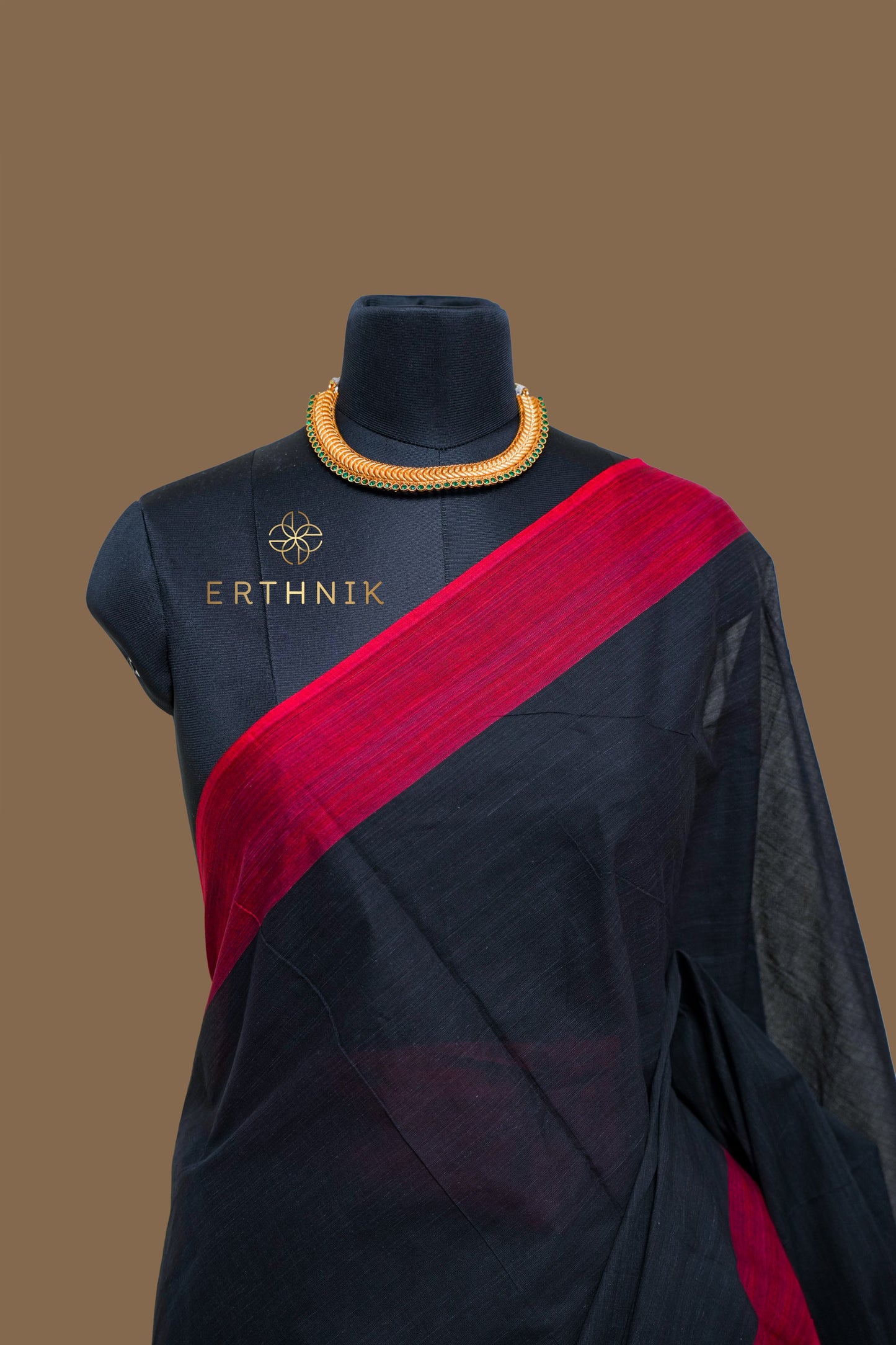 Erthnik™ Balaramapuram 
Black Handloom Cotton Saree with Deep red Border