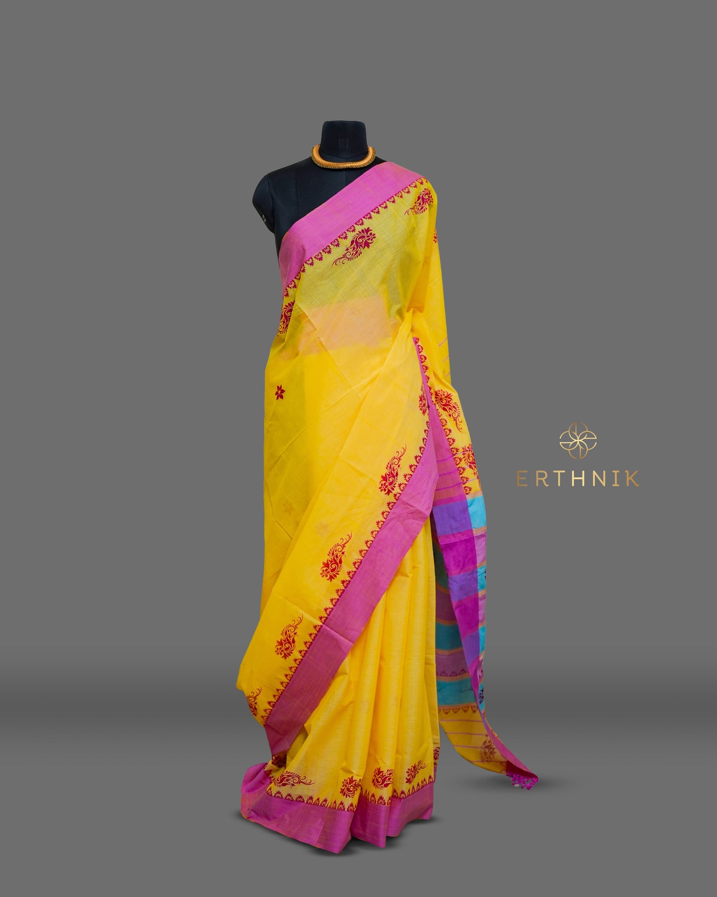 Erthnik™ Balaramapuram Yellow Handloom Saree with Pink Border & Floral Motifs