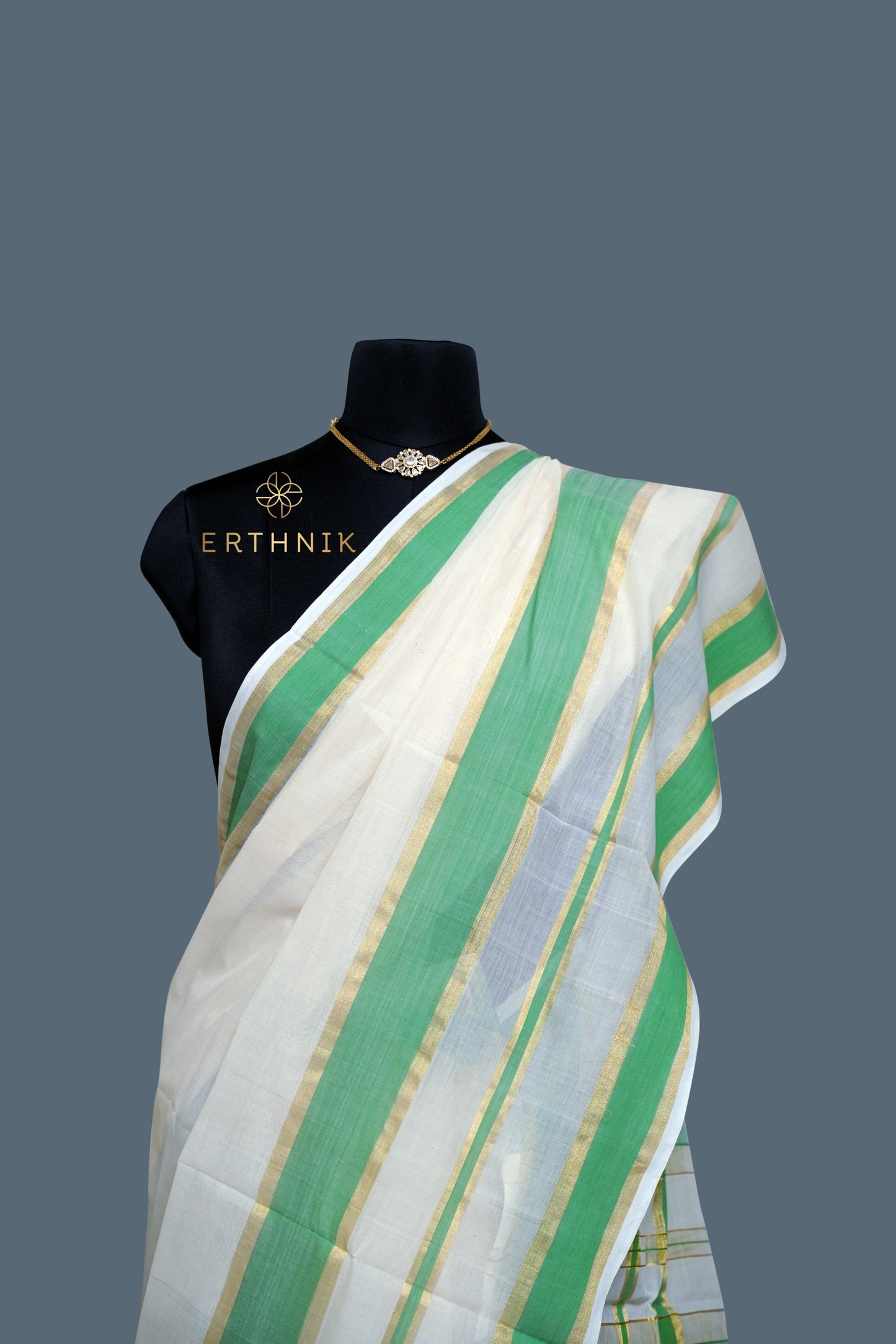 Erthnik™ Premium Chennamangalam Handloom Light green and gold stripe border  pure cotton kerala saree