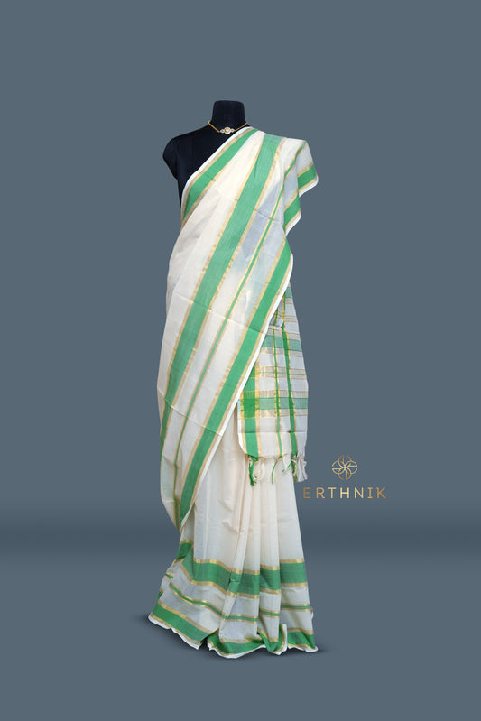 Erthnik™ Premium Chennamangalam Handloom Light green and gold stripe border  pure cotton kerala saree