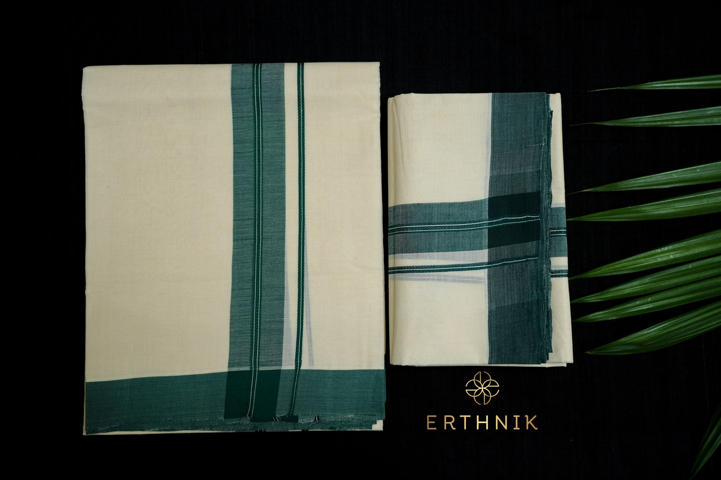 Erthnik™ Pure handloom bottle green kara cotton Set Mundu