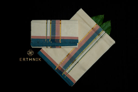 Erthnik™ Onion pink and teal dual border pure handloom set mundu with thin gold Zari line