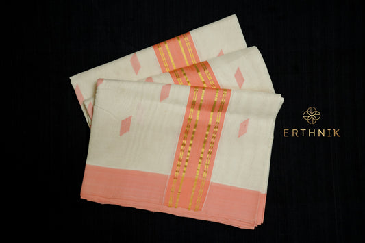 Erthnik™ Premium Balaramapuram Unakkupaavu Handloom Cotton Saree with Peach Border with diamond motifs