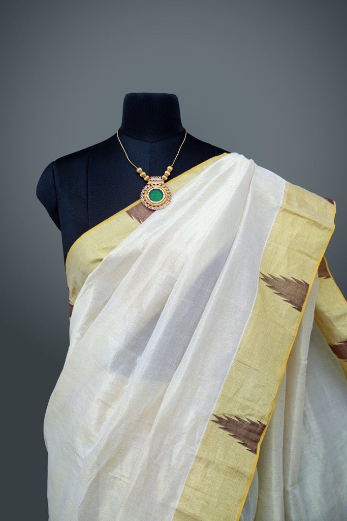 Erthnik™ Balaramapuram Bridal Collection – Handloom Kerala Tissue Saree with Golden Kasavu & Copper Template Border