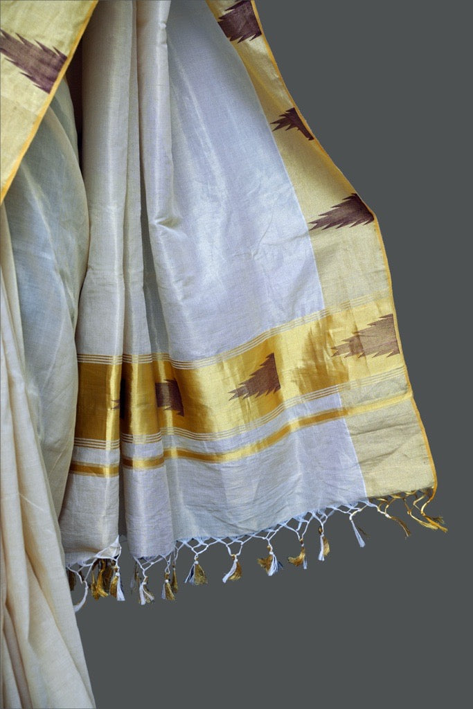 Erthnik™ Balaramapuram Bridal Collection – Handloom Kerala Tissue Saree with Golden Kasavu & Copper Template Border