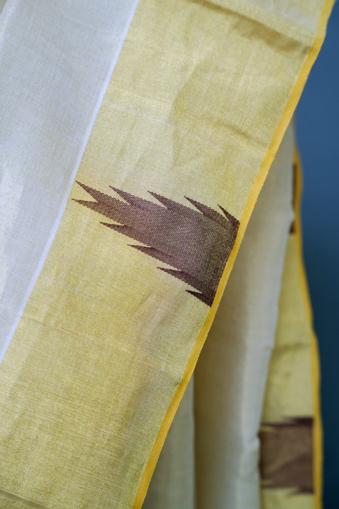 Erthnik™ Balaramapuram Bridal Collection – Handloom Kerala Tissue Saree with Golden Kasavu & Copper Template Border