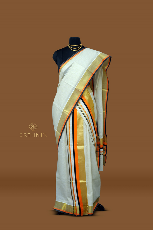 Erthnik™ Kerala Set mundu – Golden Kasavu with Orange & Black Stripe Border