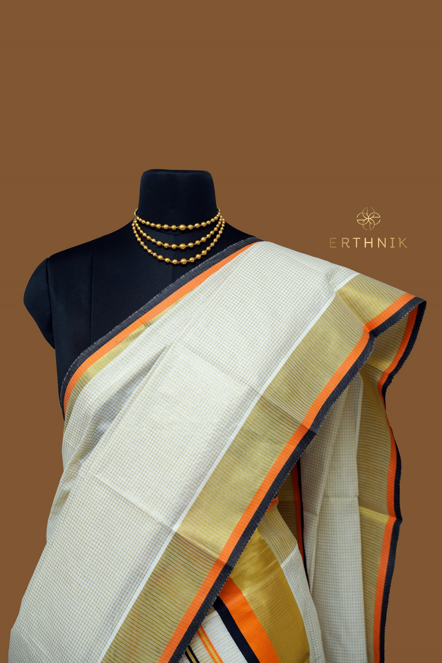 Erthnik™ Kerala Set mundu – Golden Kasavu with Orange & Black Stripe Border