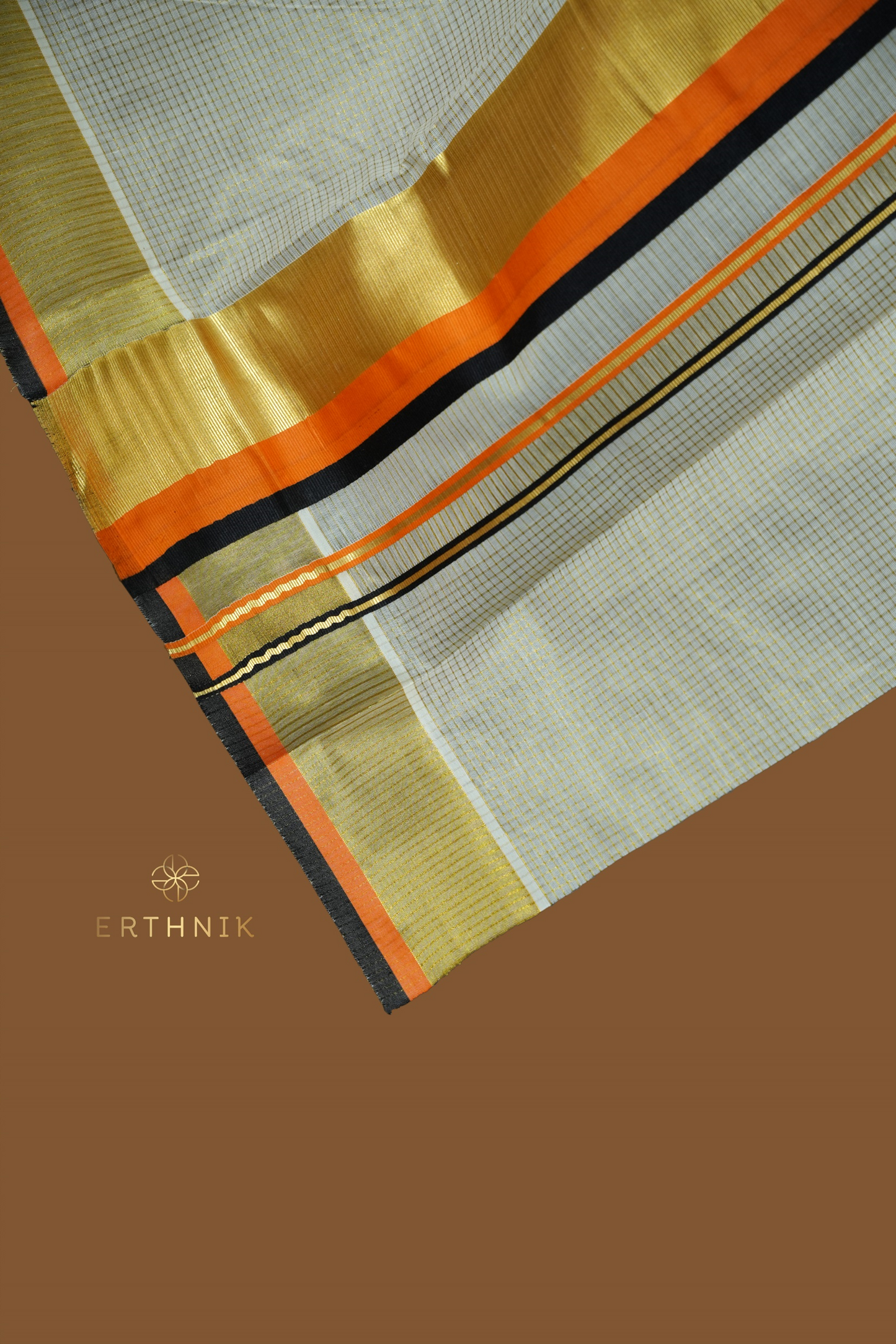 Erthnik™ Kerala Set mundu – Golden Kasavu with Orange & Black Stripe Border